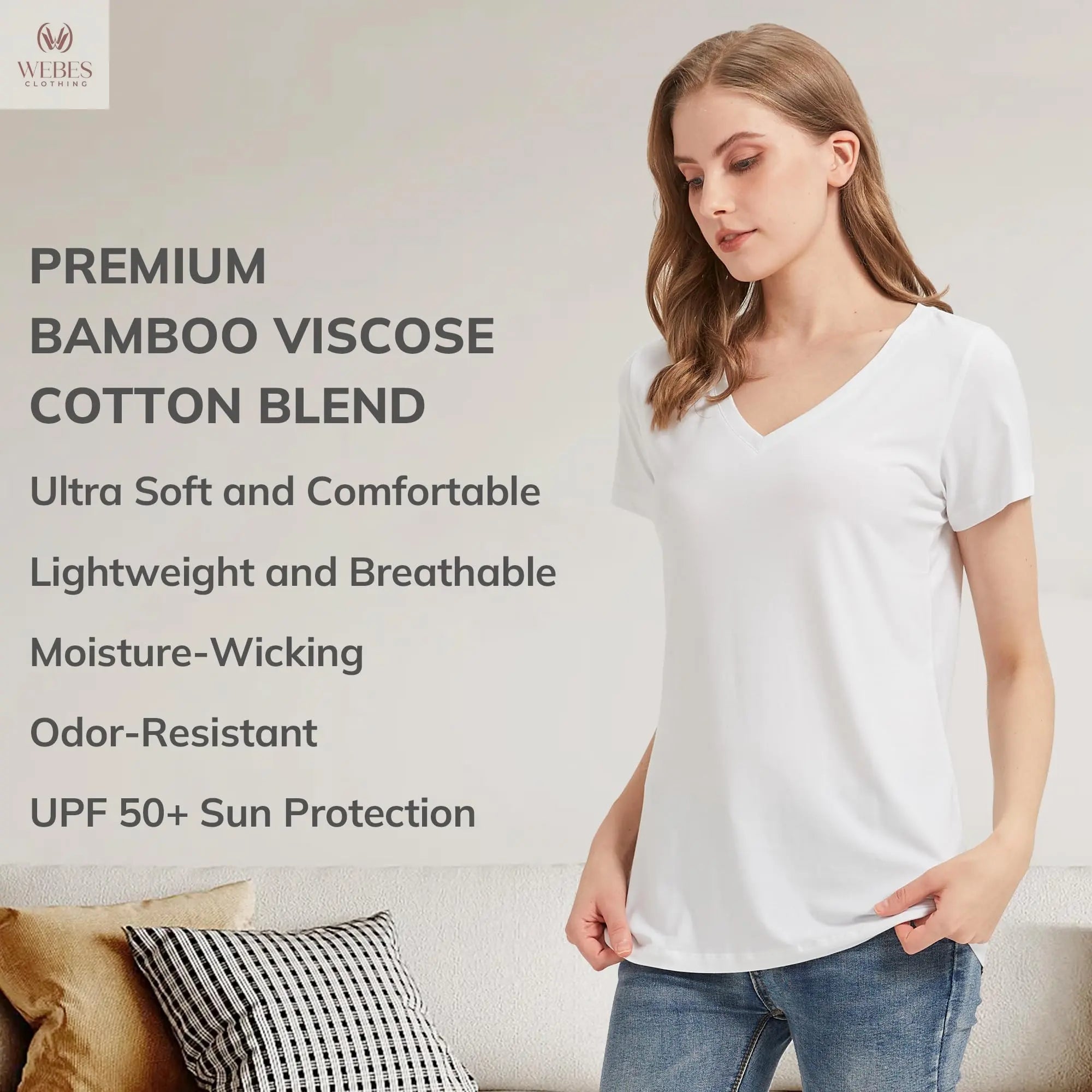 netdraw Women's Ultra-Soft Bamboo Viscose Cotton V-Neck Short Sleeve T-Shirt, Casual Summer Tops for Lounge Sleep Pajama