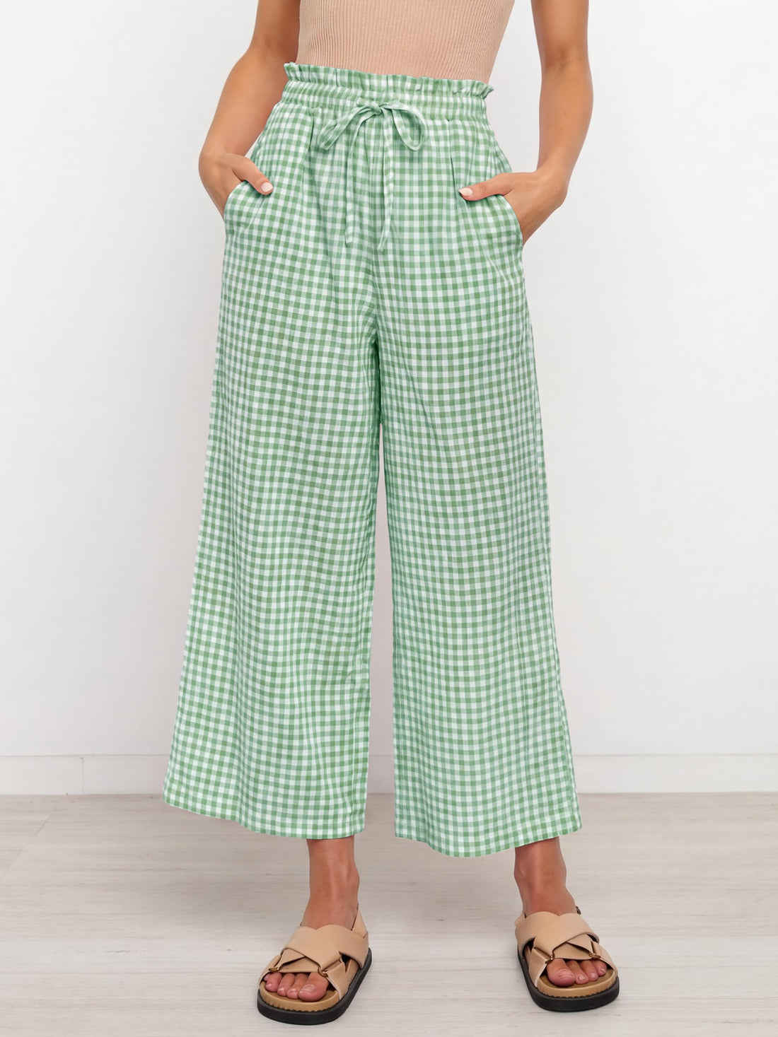 ANRABESS Womens Striped Gingham Palazzo Capri Pants Pajama Wide Leg Lounge Trousers Plaid Cute Crop PJ Bottoms with Pockets