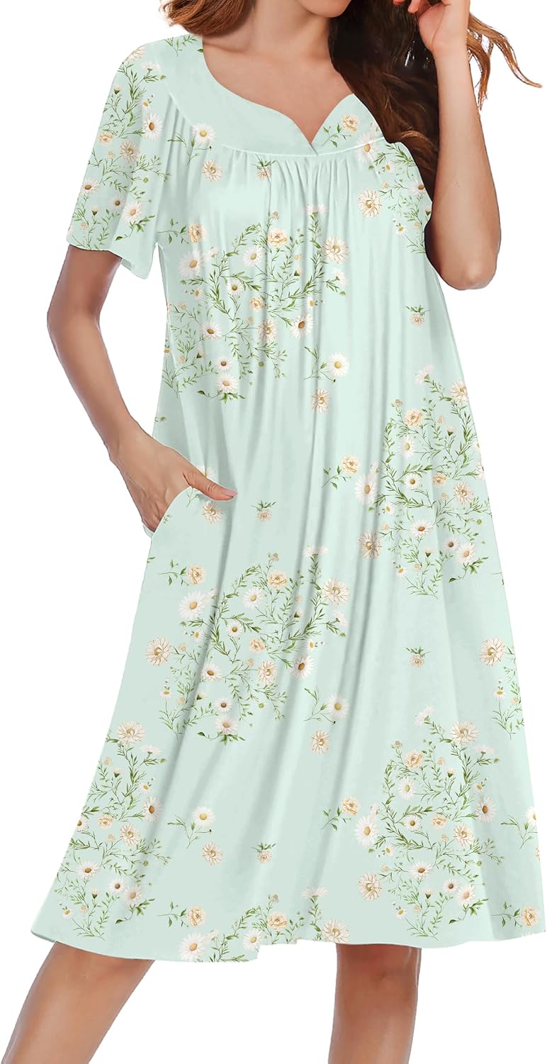 Ekouaer Nightgowns for Women House Dress Short Sleeve Moo Moo with Pockets | Pleated Mumu Dresses V Neck Sleepwear Short Sleeve Night Gowns Soft Sleep Shirts Plus Size Night Shirts Ladies Lounge Dress WEBE CLOTHING
