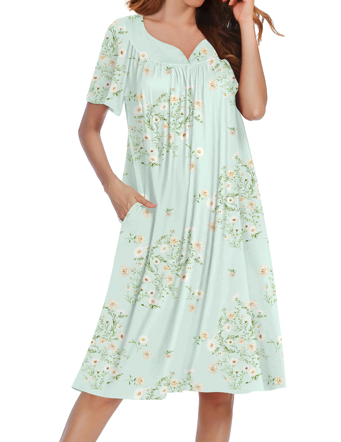 Ekouaer Nightgowns for Women House Dress Short Sleeve Moo Moo with Pockets | Pleated Mumu Dresses V Neck Sleepwear Short Sleeve Night Gowns Soft Sleep Shirts Plus Size Night Shirts Ladies Lounge Dress WEBE CLOTHING