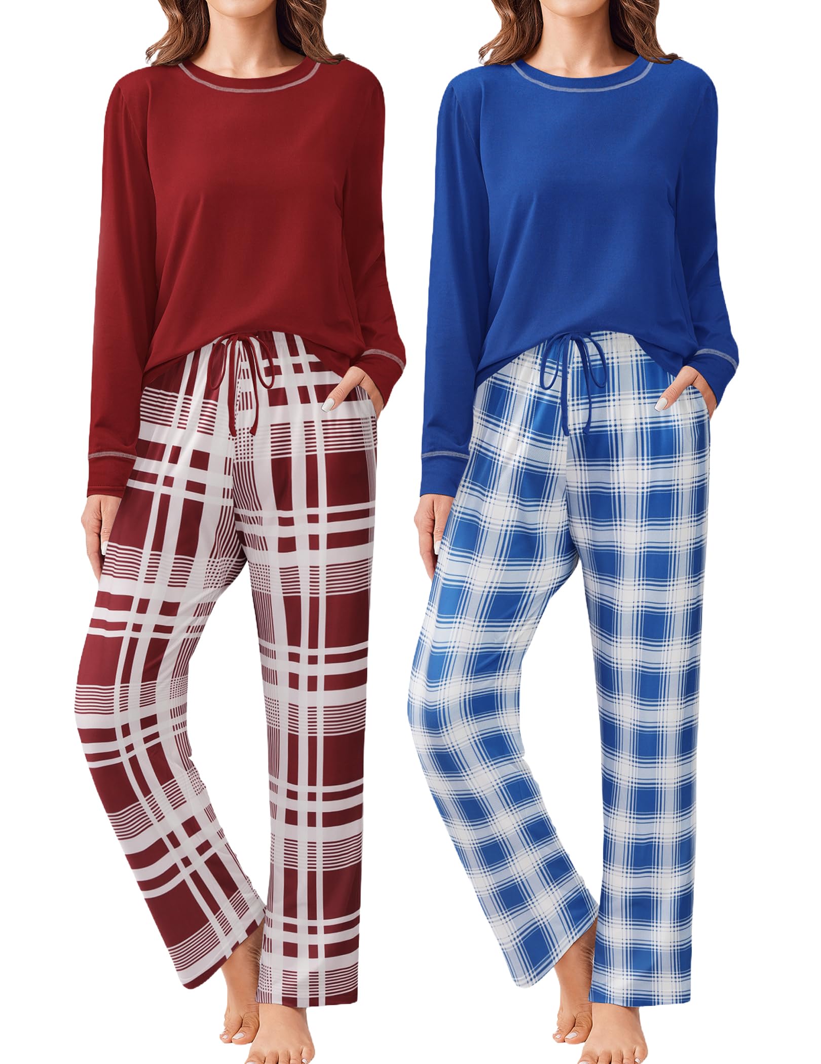 Ekouaer 2 Pack Women Pajama Long Sleeve Sleepwear Soft Loungewear Pjs Sets with Pockets S-XXL
