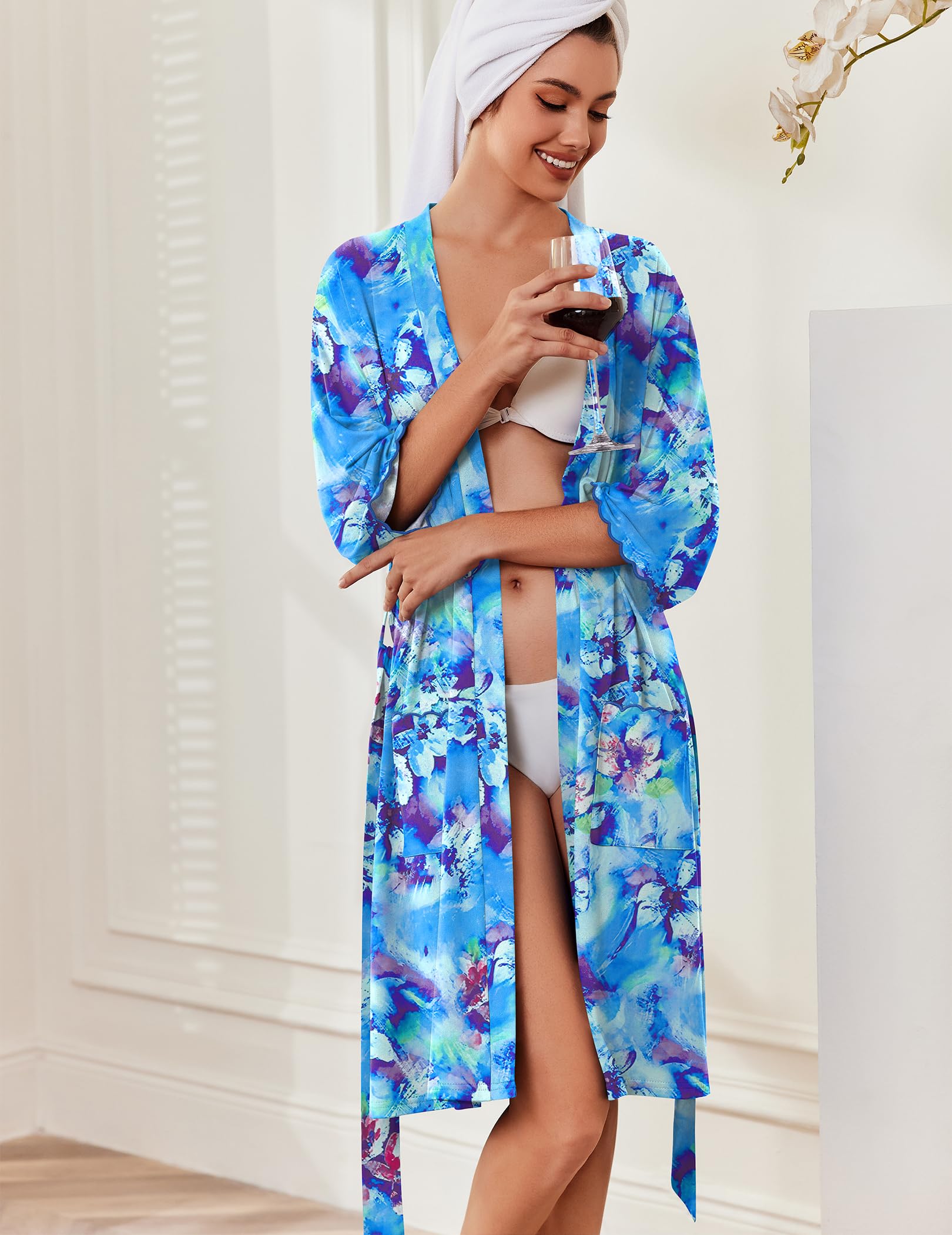 Ekouaer Robes for Women Knee Length Kimono Bathrobe Lightweight 3/4 Sleeve Sleepwear Soft Loungewear with Pockets S-XXL WEBE CLOTHING