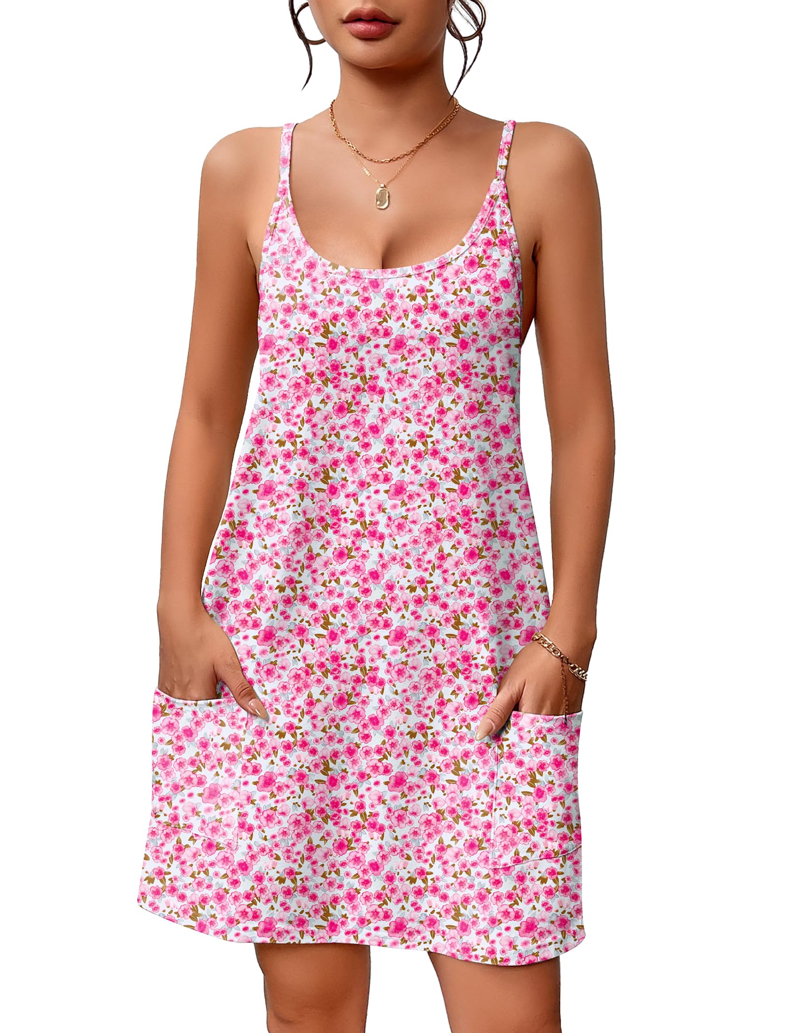 Ekouaer Nightgowns for Women Cotton Sleepwear Sexy Sleep Shirt Adjustable Spaghetti Strap Night Gowns with Pockets S-3XL WEBE CLOTHING