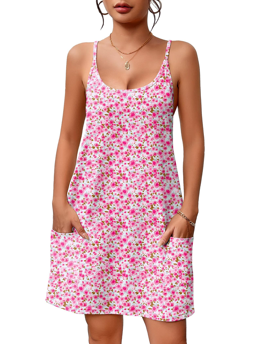 Ekouaer Nightgowns for Women Cotton Sleepwear Sexy Sleep Shirt Adjustable Spaghetti Strap Night Gowns with Pockets S-3XL WEBE CLOTHING