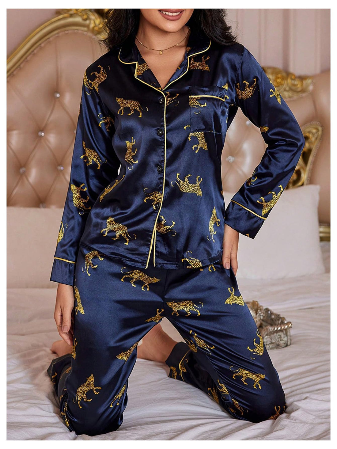 WDIRARA Women's 2 Piece Leopard Print Satin Pajama Set Lounge Sleepwear Set | Animal Print,Leopard Print Satin,Long Sleeve,Button Down,Cheetah Silk Loungewear Pj WEBE CLOTHING