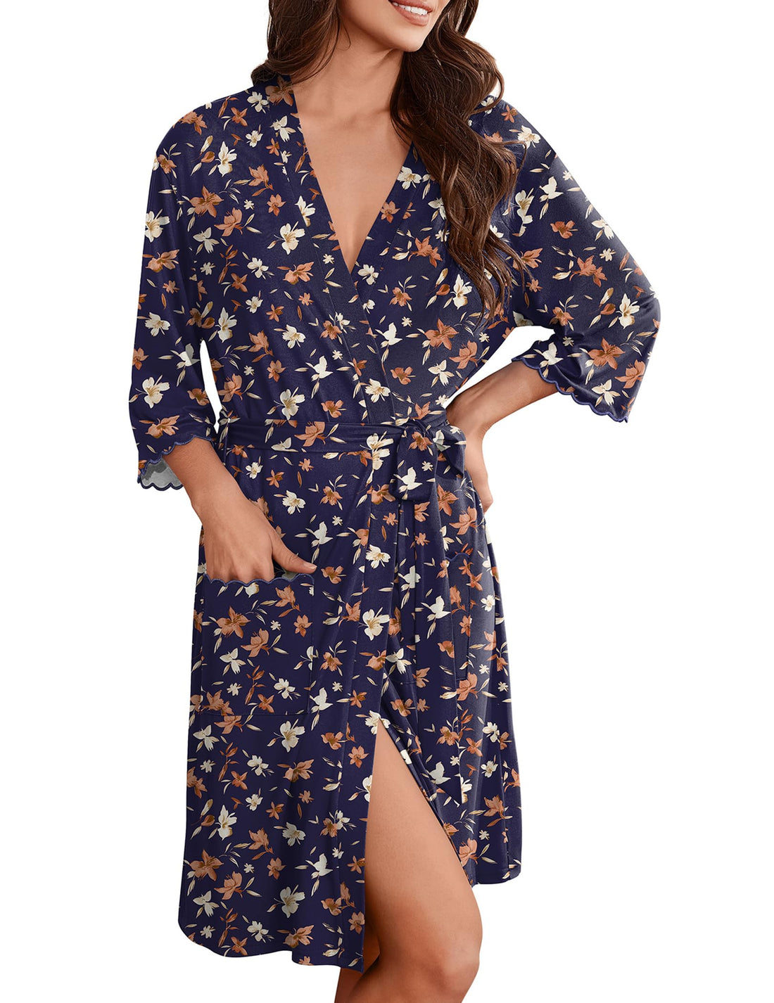 Ekouaer Robes for Women Knee Length Kimono Bathrobe Lightweight 3/4 Sleeve Sleepwear Soft Loungewear with Pockets S-XXL WEBE CLOTHING