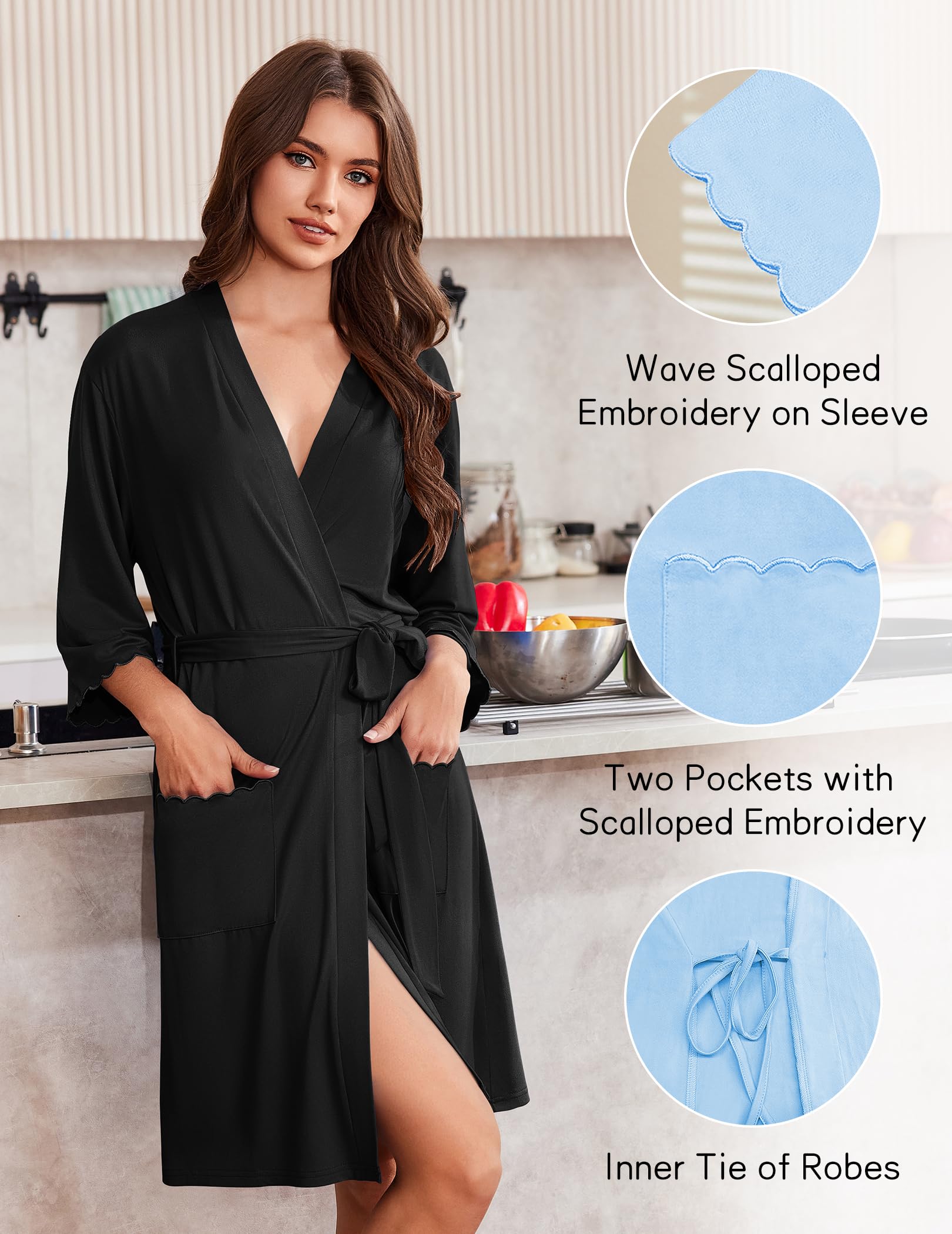 Ekouaer Robes for Women Knee Length Kimono Bathrobe Lightweight 3/4 Sleeve Sleepwear Soft Loungewear with Pockets S-XXL WEBE CLOTHING