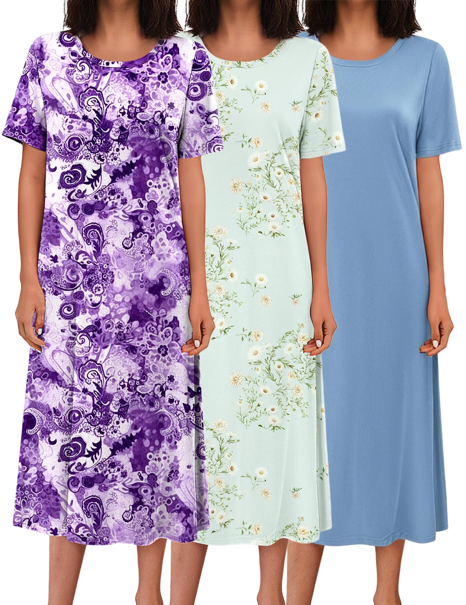 Ekouaer 3 Pack Long Nightgowns for Women Full Length Short Sleeve Nightshirt Soft Plus Size Sleepwear Casual Loungwear WEBE CLOTHING