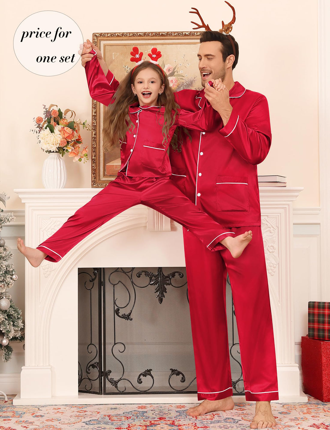 SWOMOG Matching Family Pajamas Set Women & Men & Kids Silk Satin Pjs 2 Pcs Long Sleeve Button Down Sleepwear with 2 Pockets
