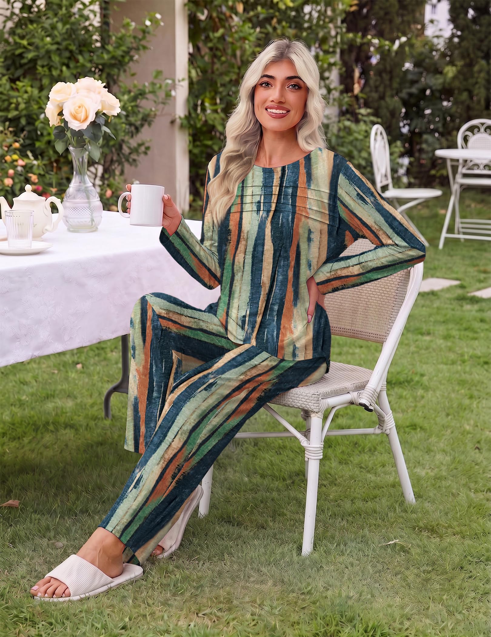 Ekouaer Womens Pajama Sets Pleated Tops with Long Pants Lounge Set Long Sleeve Fall Sleepwear Ladies Pjs S-XXL