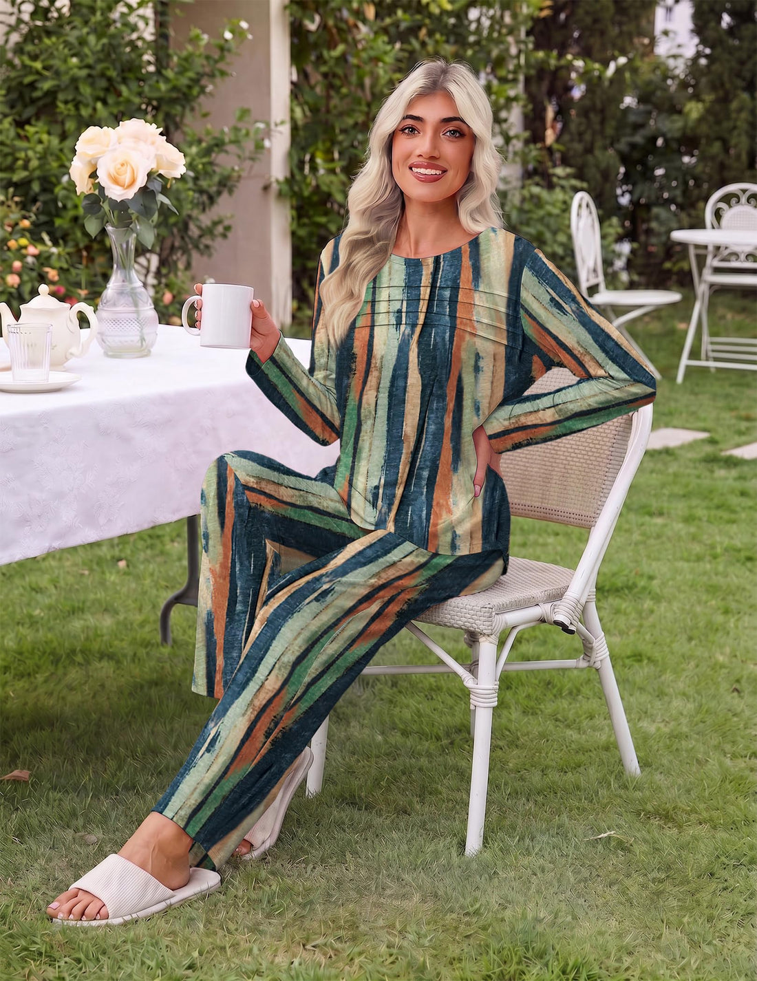 Ekouaer Womens Pajama Sets Pleated Tops with Long Pants Lounge Set Long Sleeve Fall Sleepwear Ladies Pjs S-XXL