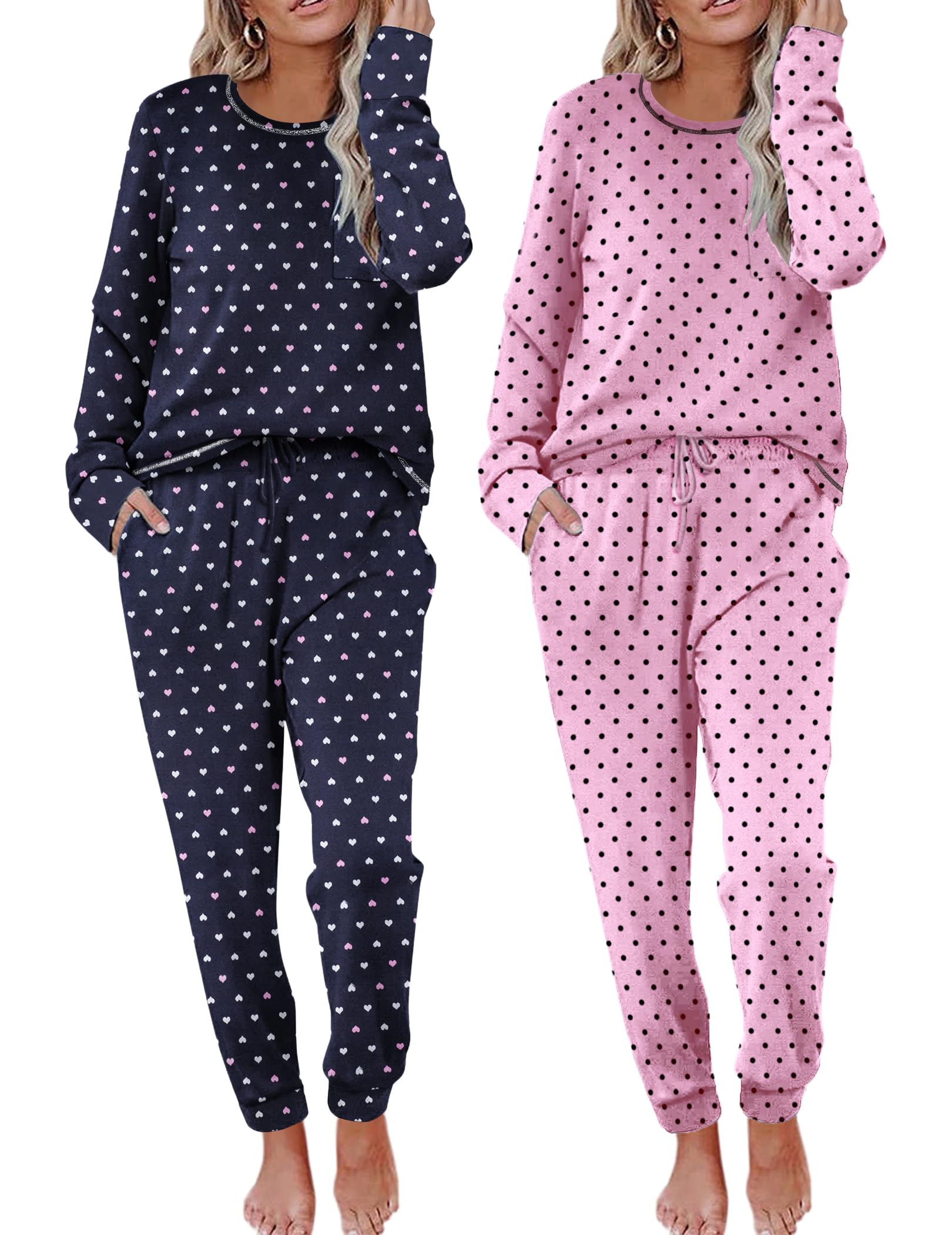 Ekouaer 2 Pack Womens Pajama Sets Long Sleeve Lounge Sets Soft Pj Sleepwear Loungewear