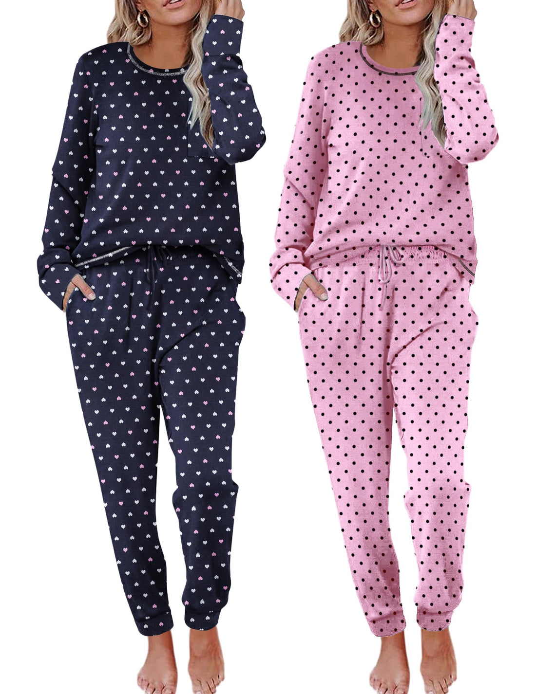 Ekouaer 2 Pack Womens Pajama Sets Long Sleeve Lounge Sets Soft Pj Sleepwear Loungewear