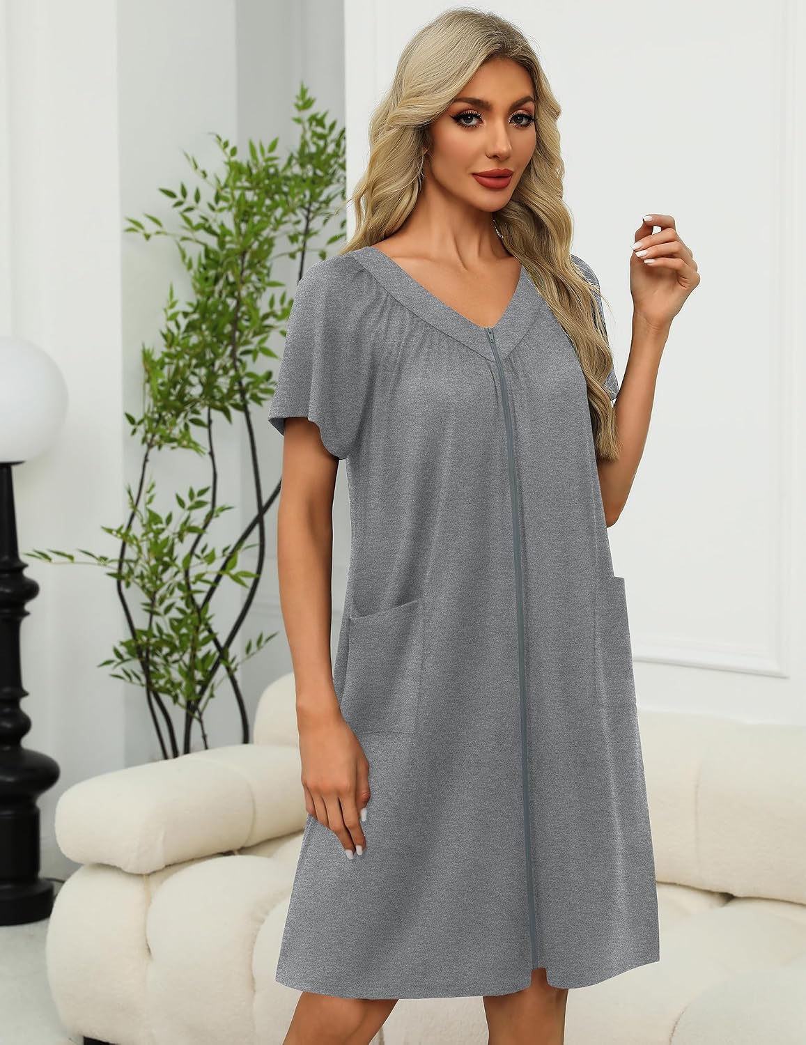 Ekouaer Women Robe Zipper Front Mumu Duster Robes Zip Up Housecoat Soft Sleepwear with Pockets