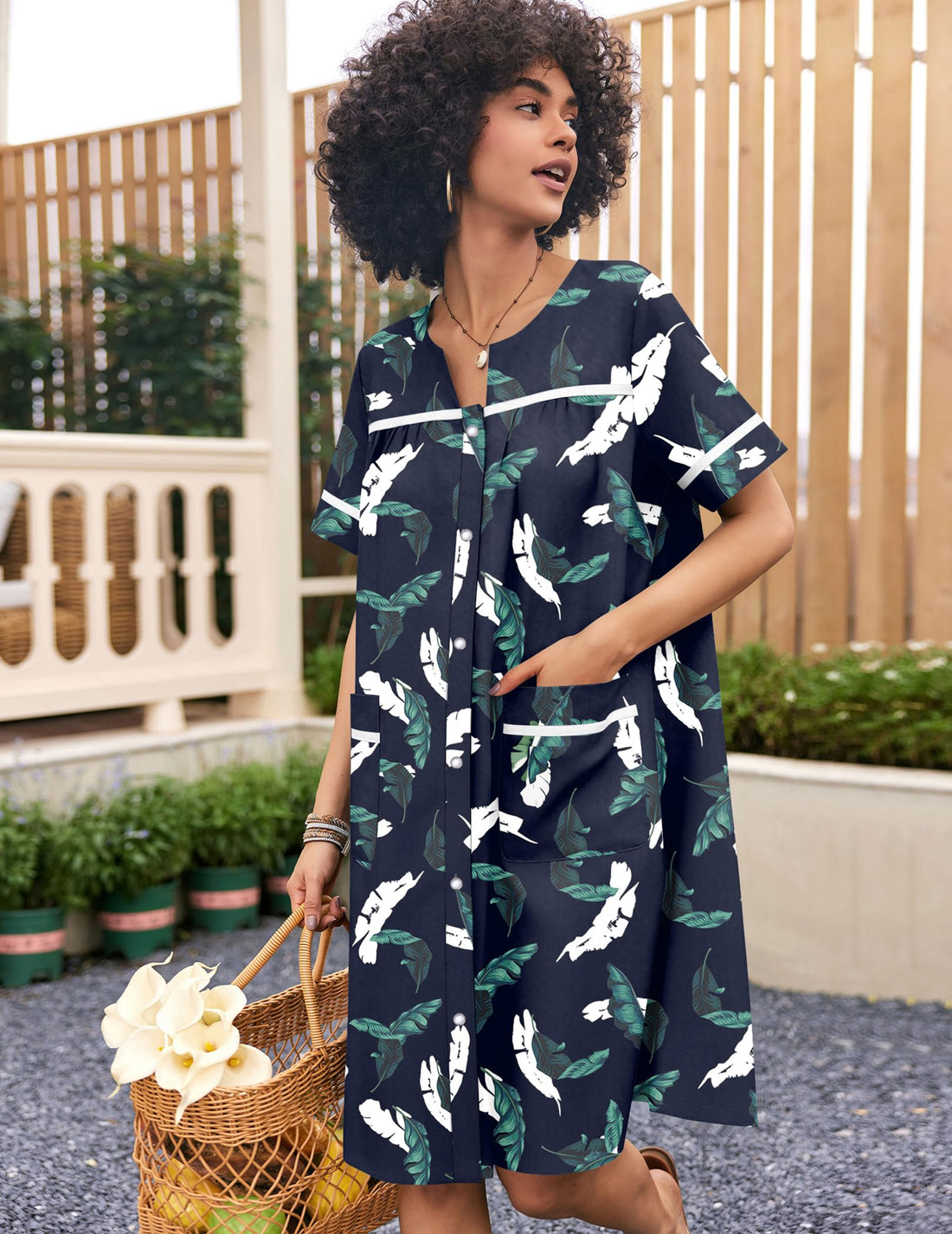 Ekouaer Nightgowns for Women House Dress with Pockets Snap Front House Coat | Duster Mumu Dress, Short Sleeve Moo Moos, Plus Size Sleepwear, Casual Lounge Dress, Labor Delivery Gown, Daily Wear, Home