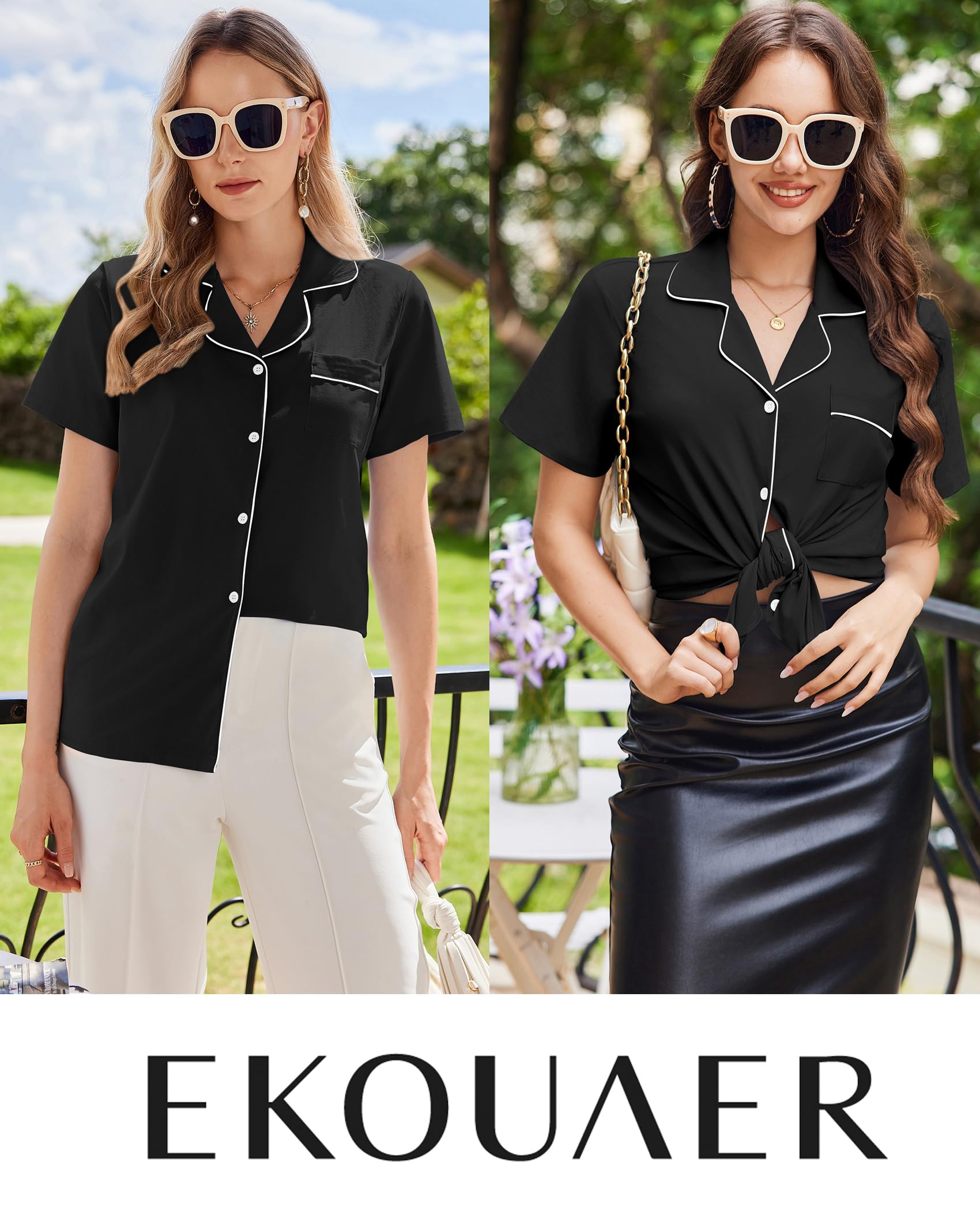 Ekouaer Cotton Pajama Sets for Women Button Down Short Sleeve PJs Comfort Classic Sleep Set Loungewear