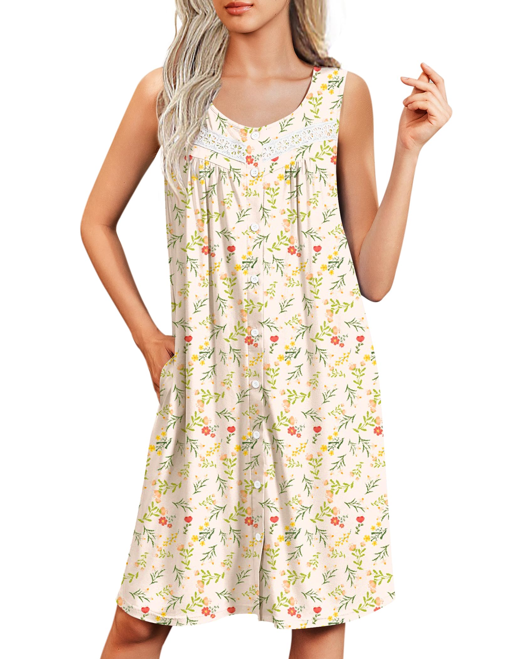 Ekouaer Nightgowns for Women Button Up Sleepshirt Tank Sleeveless Nightshirt Soft Sleepwear with Pockets S-XXXL WEBE CLOTHING