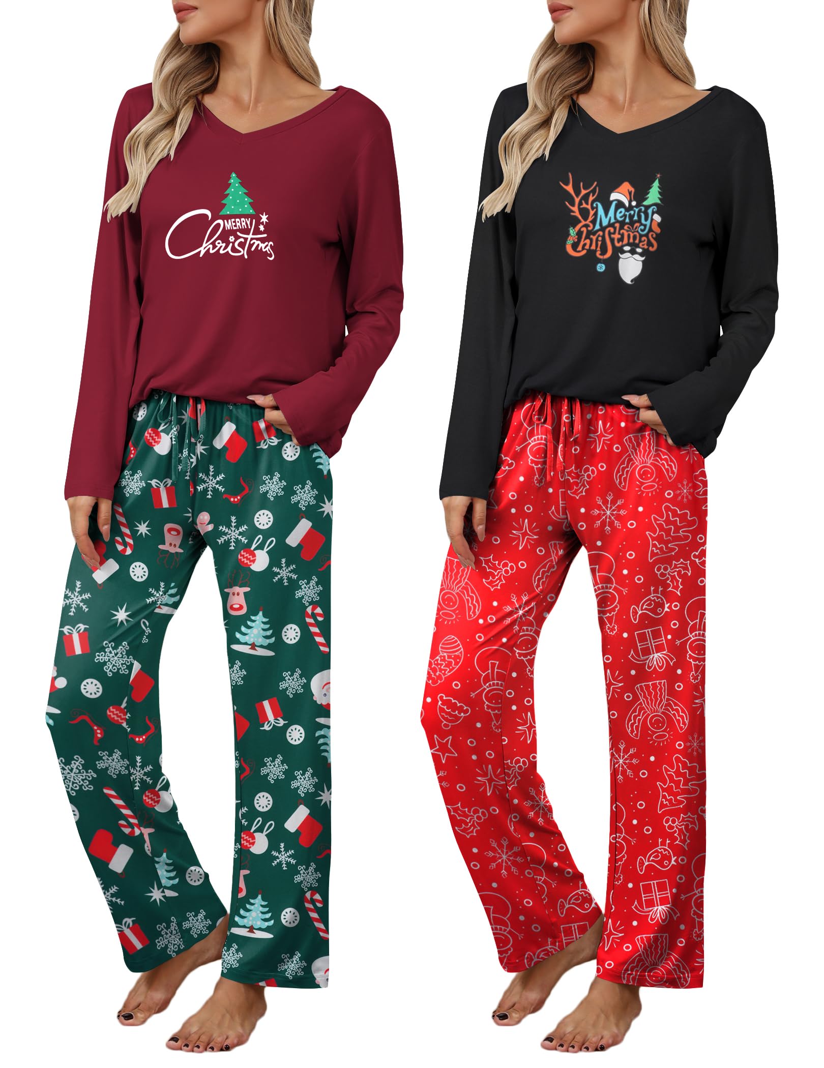 Ekouaer Womens 2 Pack Pajama Set Long Sleeve Pajamas Top and Pants V Neck Pjs Set Soft Loungewear with Pockets