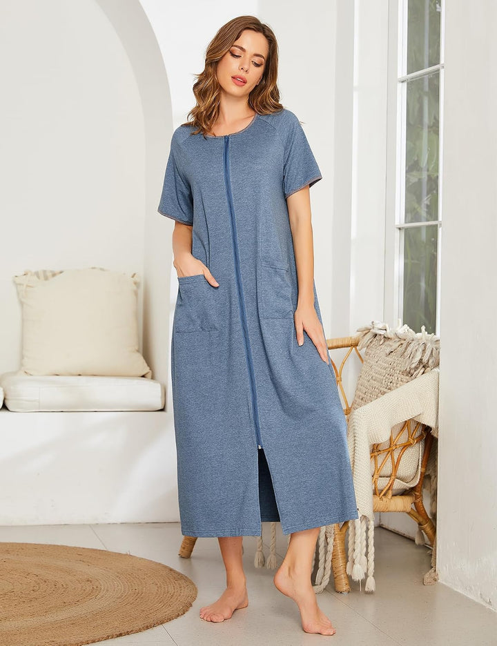 Ekouaer Women Robe Zipper Short Sleeves Full Length House Coat with Pockets | Zip Up Bathrobe, Short Sleeve, Soft and Lightweight