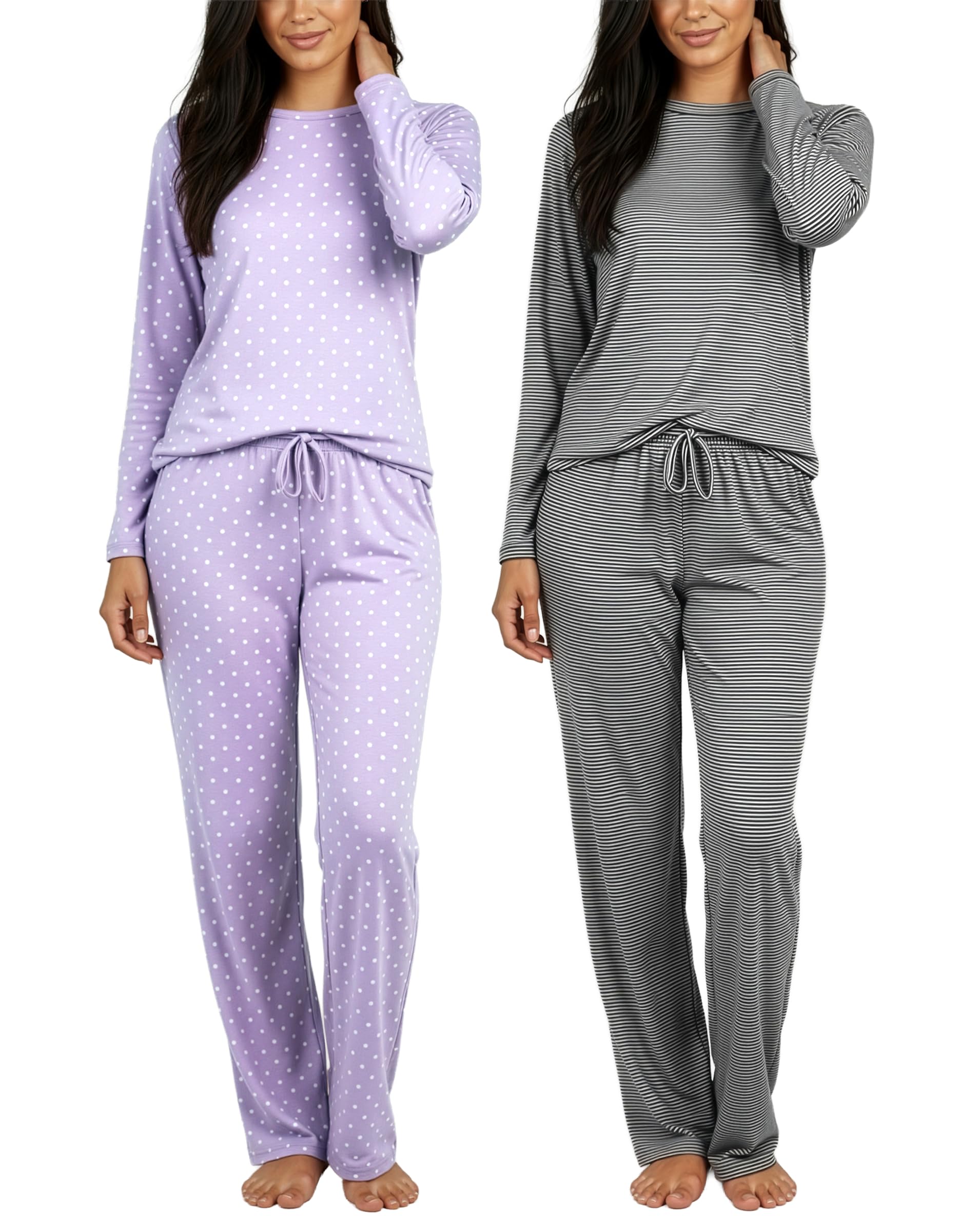 Real Essentials 2 Pack: Women's Long Sleeve Pajama Sets - Soft Comfy 2 Piece PJ Set Matching Ladies Sleepwear (Plus Size)
