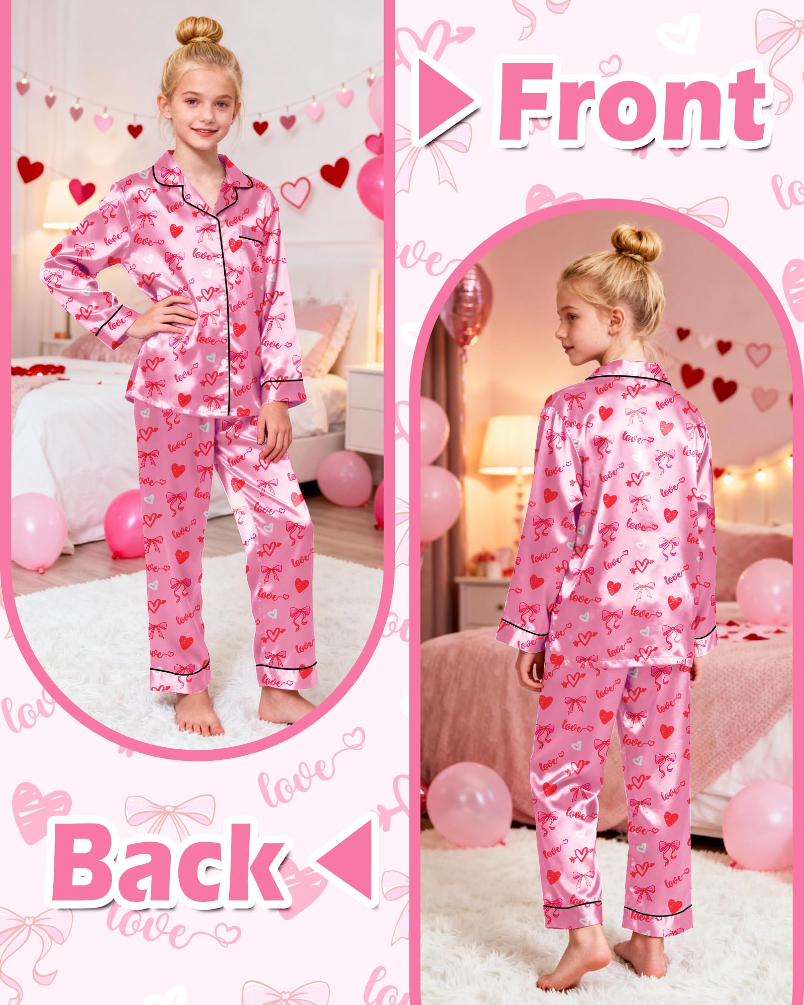 Sylfairy Girls Pajamas Silk PJS Set Satin Sleepwear Long Sleeve Jammies for Kids Button-Down Nightwear Loungewear 3-16 Years