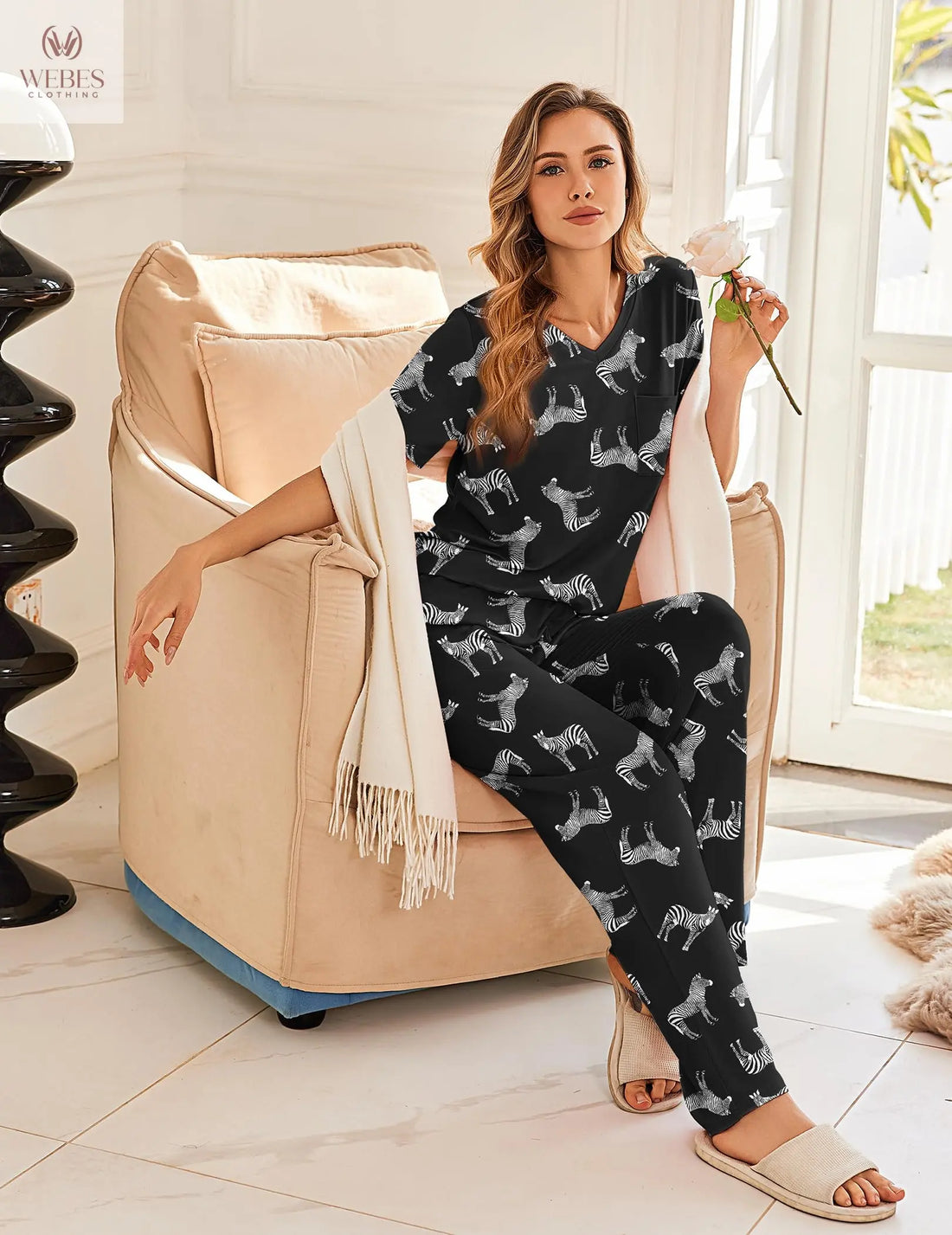 Ekouaer Women's 3 Piece Pajama Set Short Sleeve Sleepwear Pj Set Top and Shorts Pants Pjs with Pockets WEBE CLOTHING