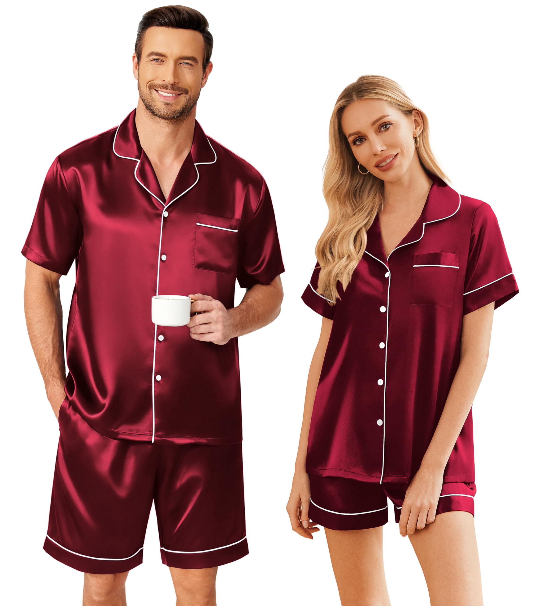 Ekouaer Couple Matching Pajamas Sets Silk Short Sleeve Button Down Sleepwear Satin Pjs Shorts Set Soft Loungewear S-XXL