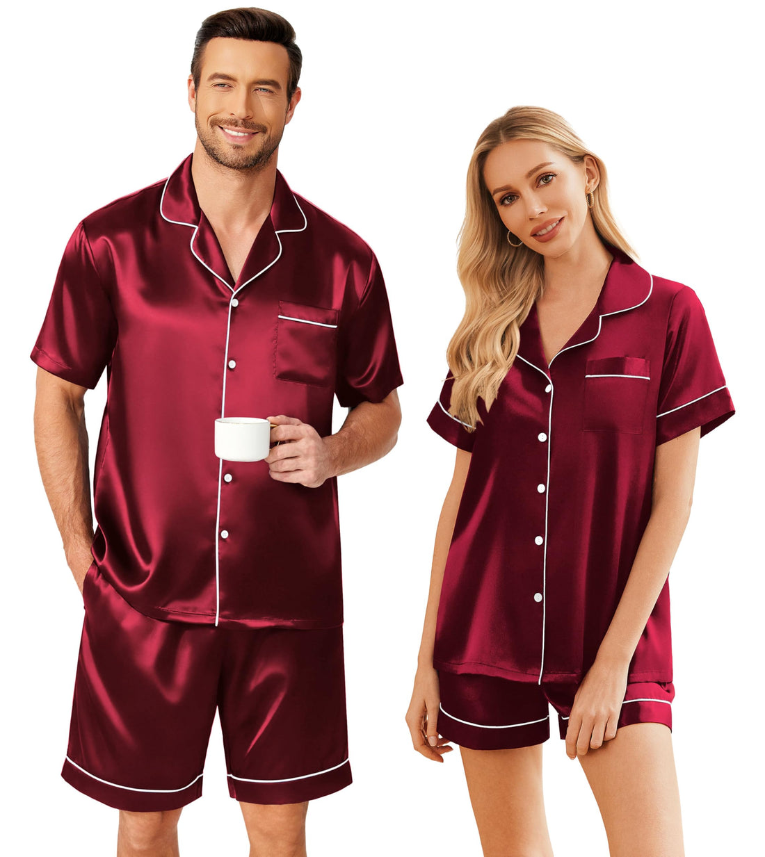Ekouaer Couple Matching Pajamas Sets Silk Short Sleeve Button Down Sleepwear Satin Pjs Shorts Set Soft Loungewear S-XXL
