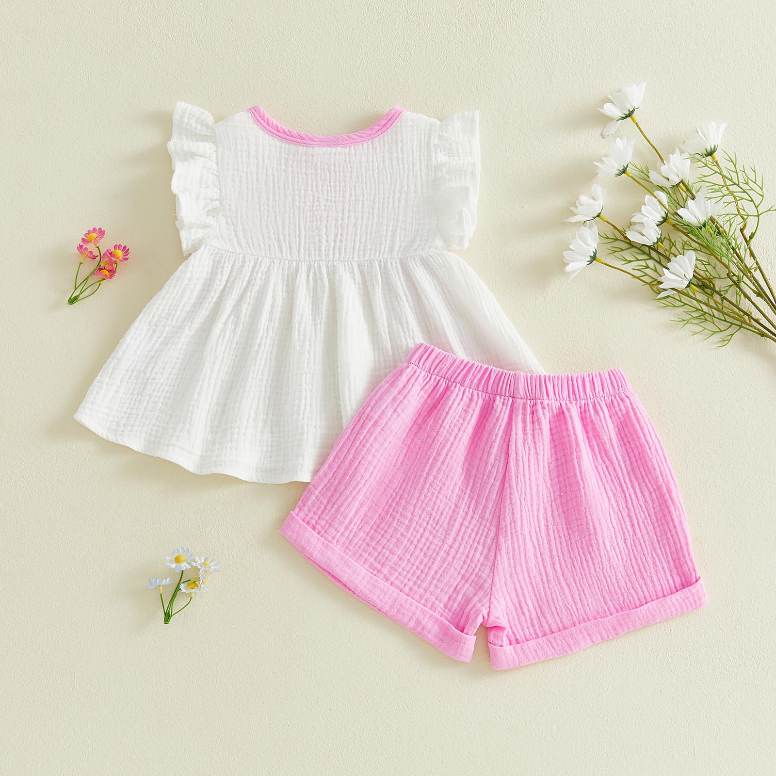 Amnnchya Toddler Girl Clothes Baby Summer Spring Outfits Cute Bow Button Smocked Ruffle Sleeve Tops ＋ Girls Shorts Set WEBE CLOTHING