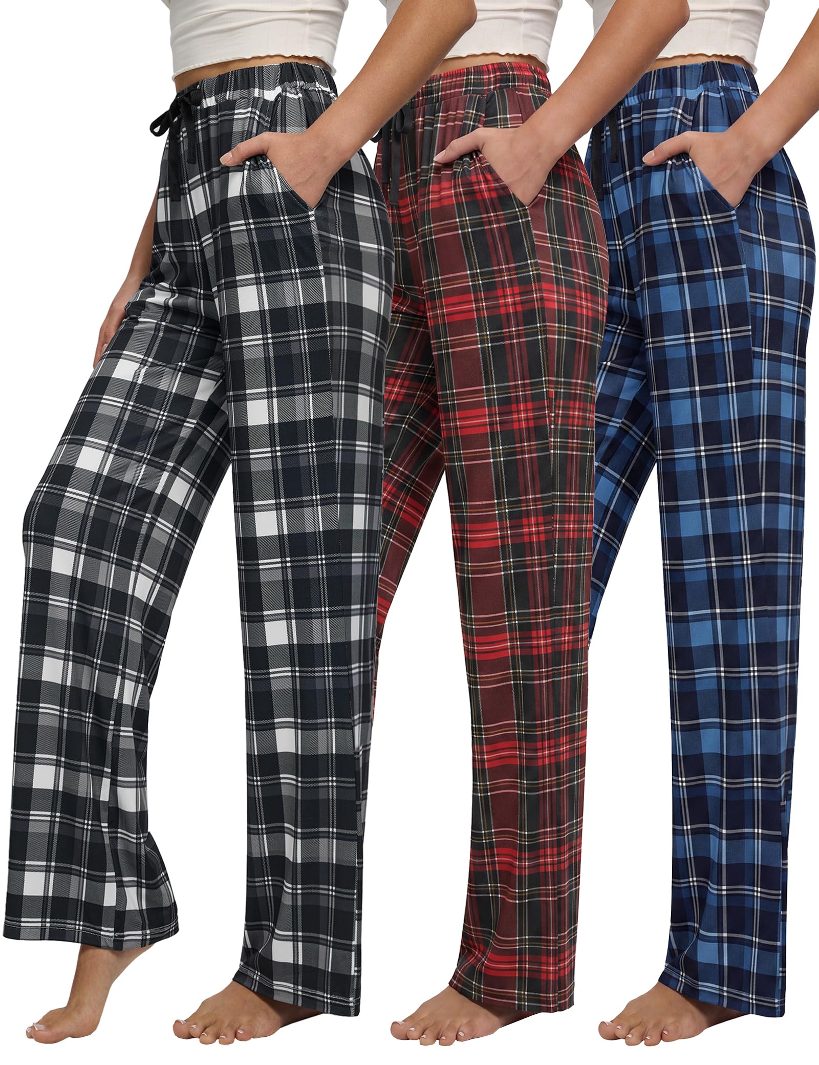 Women Pajama Pants 3-Pack Plaid Sleep Lounge PJ Bottoms with Pockets