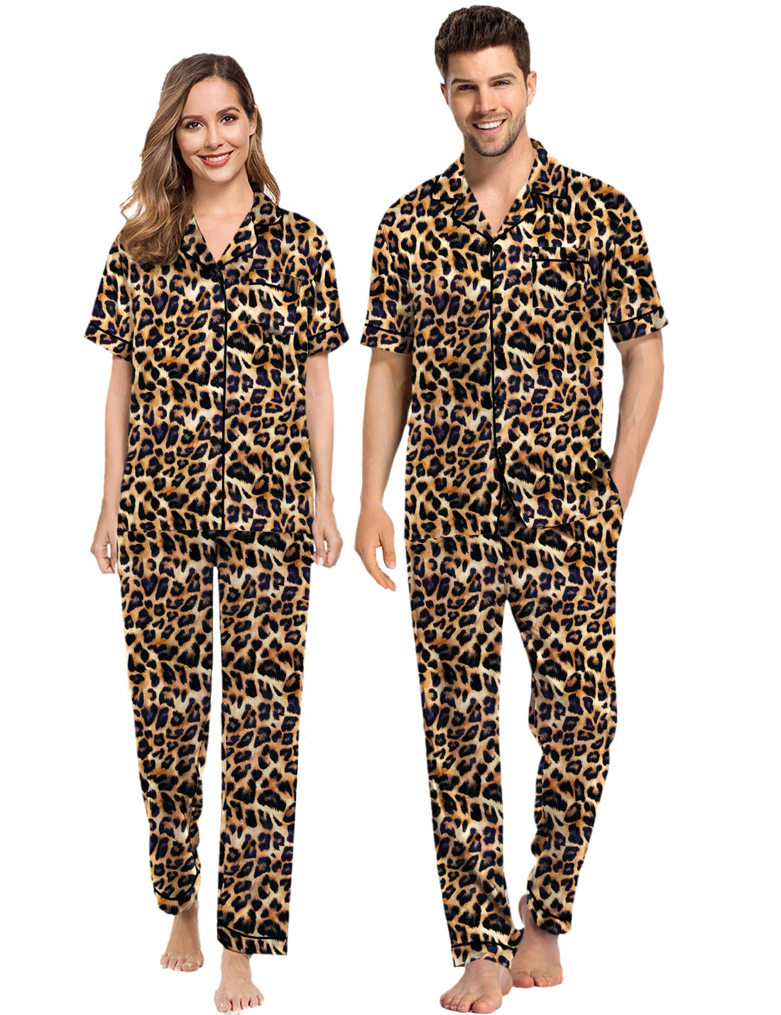 SWOMOG Couples Pajamas Sets Women & Men Satin Short Sleeve Sleepwear Button Down Loungewear Pjs Set with Long Pants