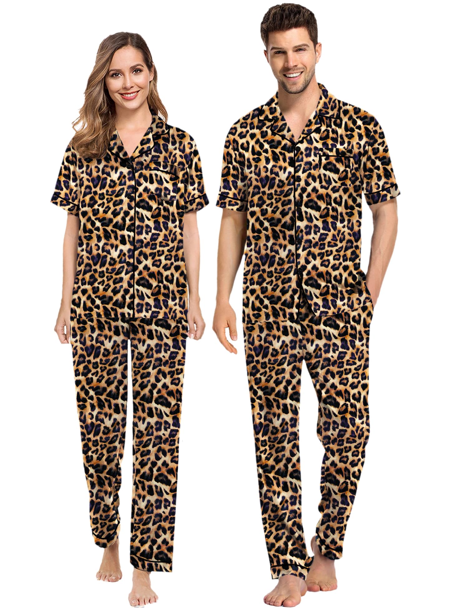 SWOMOG Couples Pajamas Sets Women & Men Satin Short Sleeve Sleepwear Button Down Loungewear Pjs Set with Long Pants