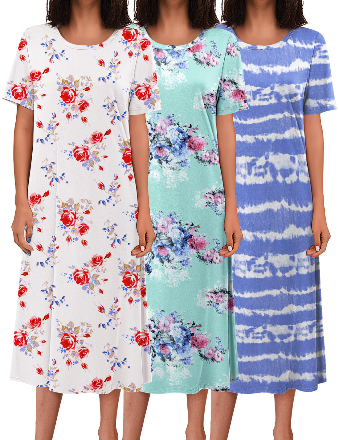 Ekouaer 3 Pack Long Nightgowns for Women Full Length Short Sleeve Nightshirt Soft Plus Size Sleepwear Casual Loungwear WEBE CLOTHING