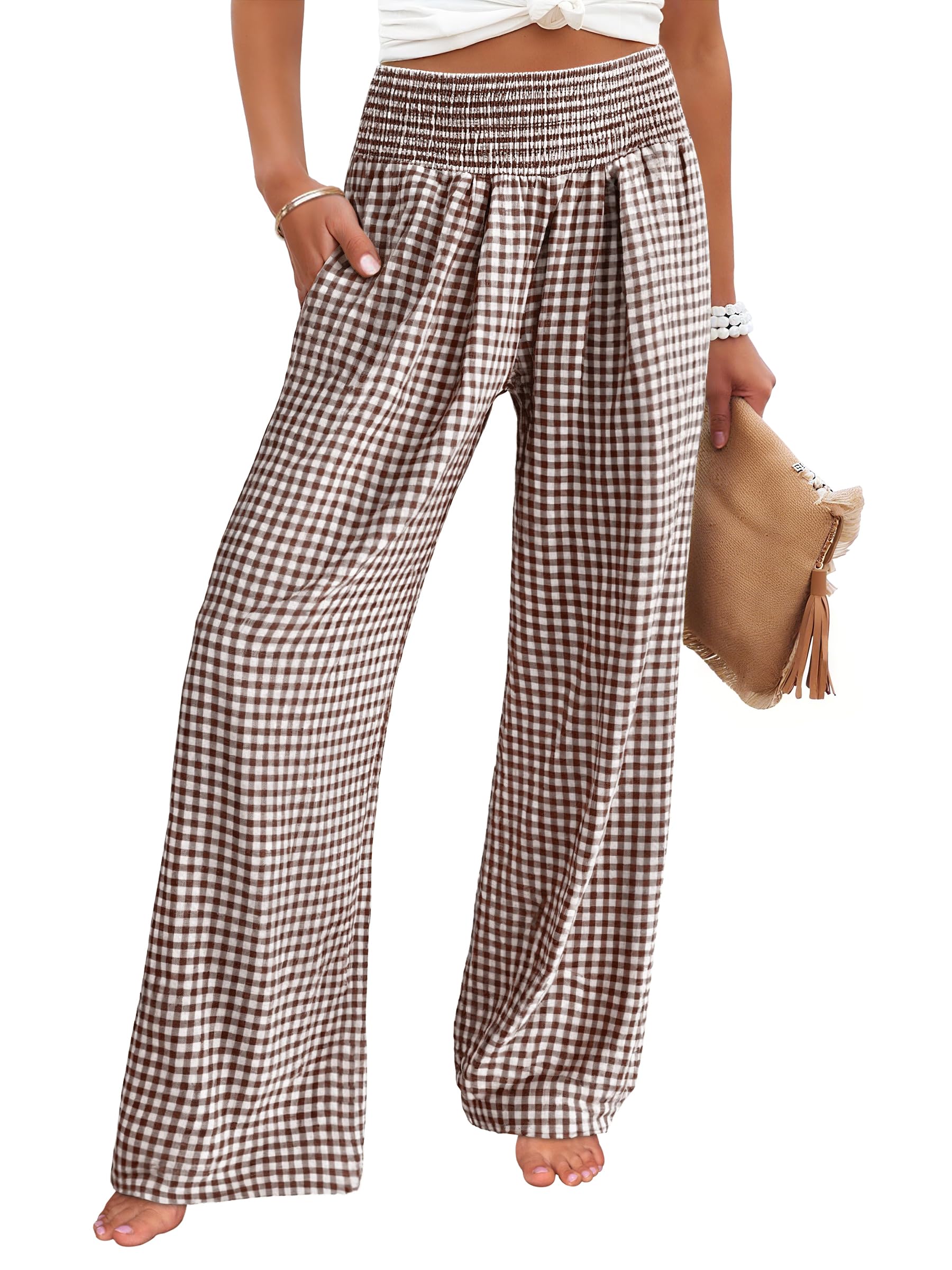 ANRABESS Womens Striped Gingham Palazzo Pants | Wide Leg Smocked High Waisted Pajama Pants, Lounge & Casual, Summer Fall Cute Pants with Pockets