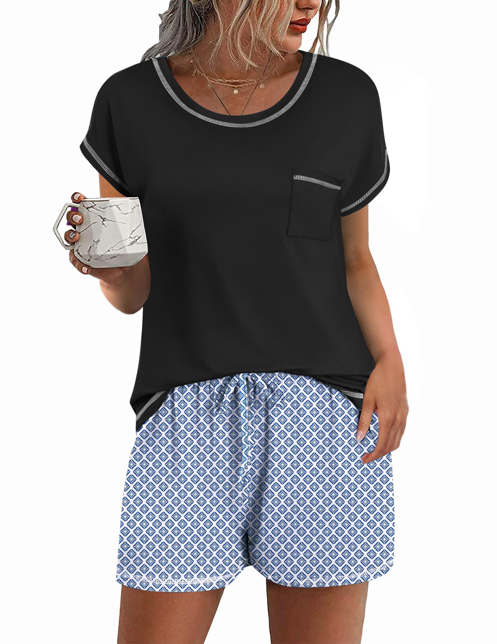 Ekouaer Womens Pajama Sets 2 Piece Soft Short Sleeve Top and Shorts Sleepwear Round Neck Pjs Lounge Set with Pockets