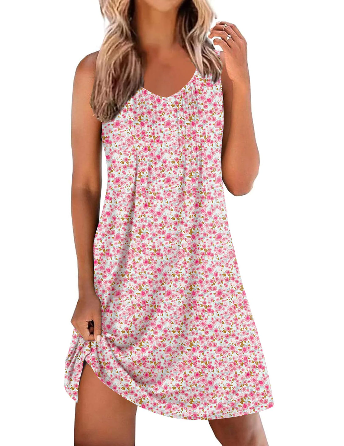 Ekouaer Nightgowns for Women Sleeveless Sleep Shirt Tank Night Gown V Neck Chemise Pleated Night Shirt Soft Sleep Dress