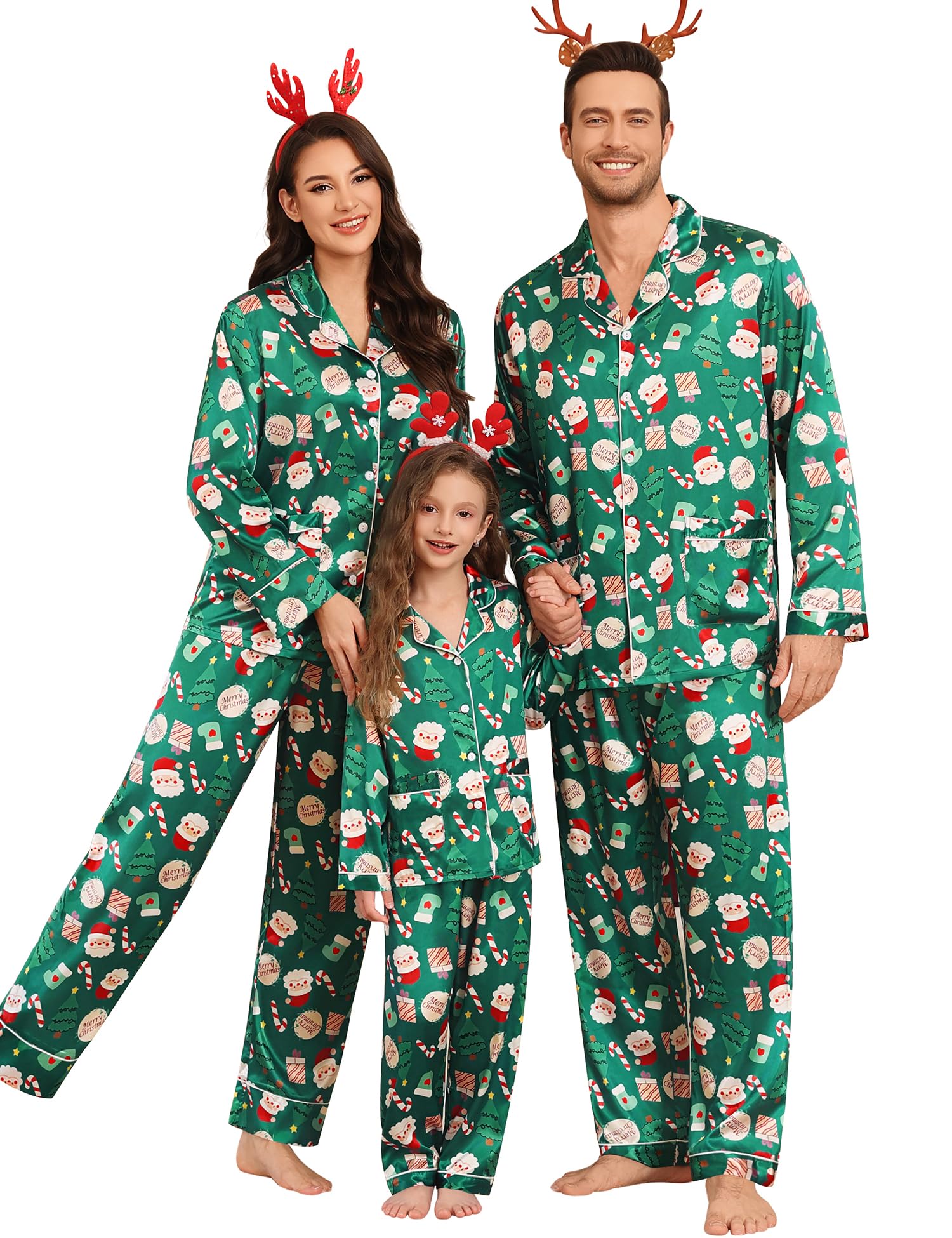 SWOMOG Matching Family Pajamas Set Women & Men & Kids Silk Satin Pjs 2 Pcs Long Sleeve Button Down Sleepwear with 2 Pockets