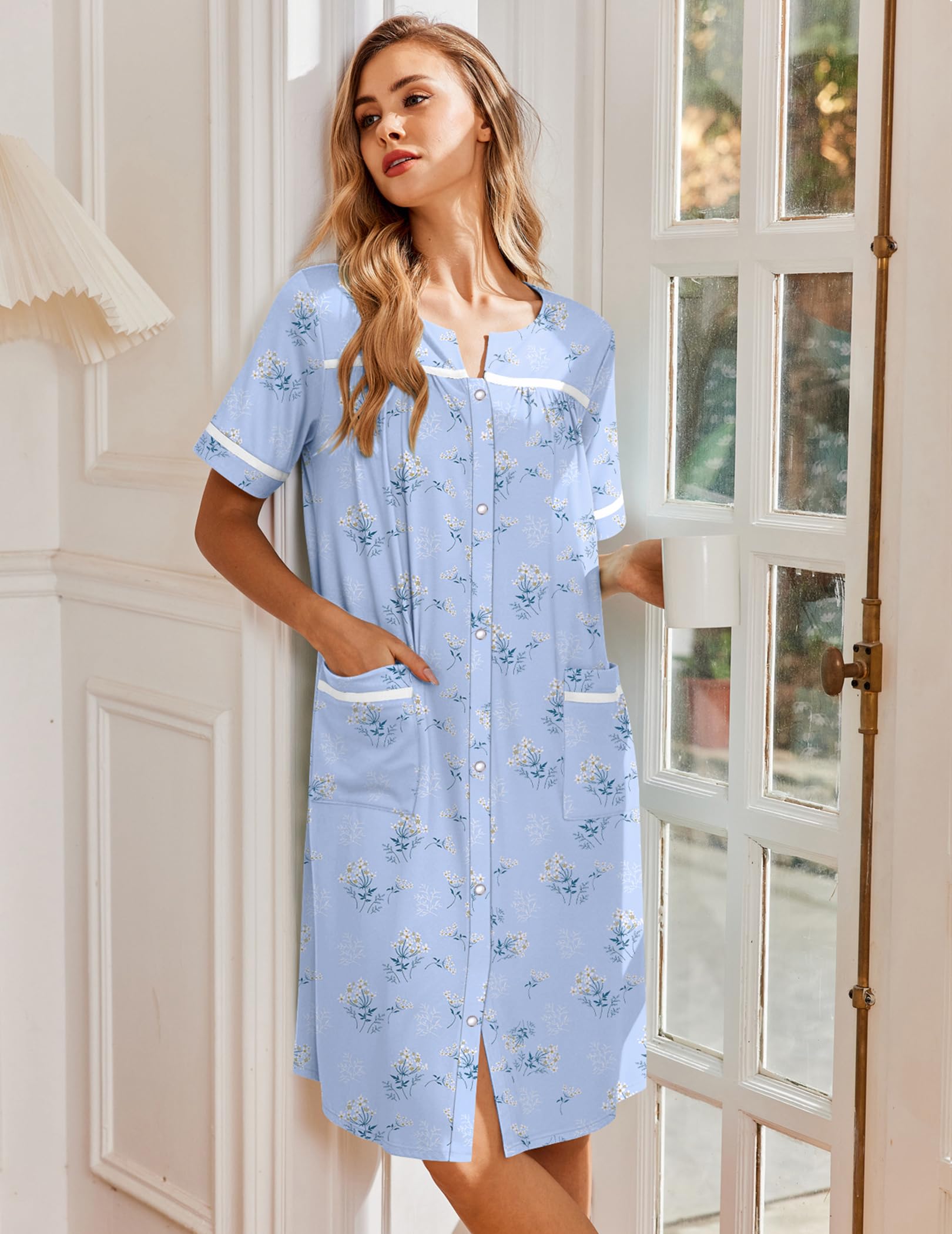 Ekouaer Nightgowns for Women House Dress with Pockets Snap Front House Coat | Duster Mumu Dress, Short Sleeve Moo Moos, Plus Size Sleepwear, Casual Lounge Dress, Labor Delivery Gown, Daily Wear, Home