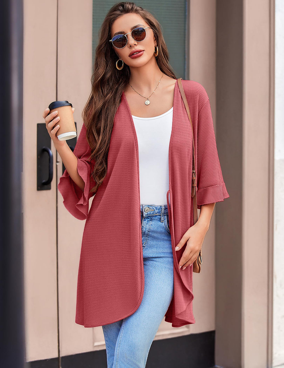 Ekouaer Robes for Women Lightweight Waffle Knit Short Bath Robe Knee Length Ruffle Ladies Loungewear WEBE CLOTHING