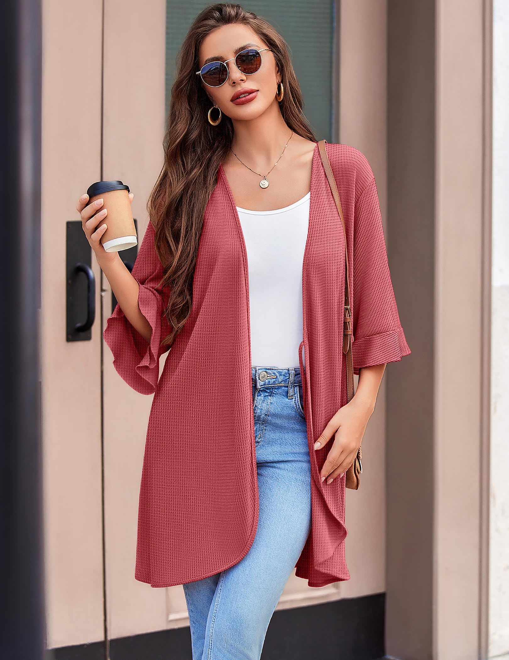 Ekouaer Robes for Women Lightweight Waffle Knit Short Bath Robe Knee Length Ruffle Ladies Loungewear WEBE CLOTHING