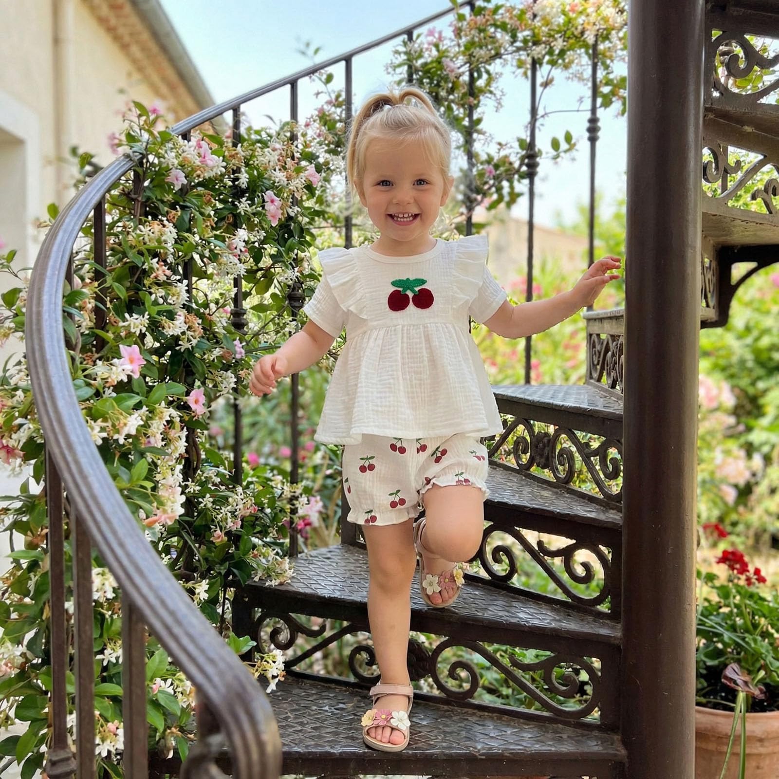Amnnchya Toddler Girl Clothes Baby Summer Spring Outfits Cute Bow Button Smocked Ruffle Sleeve Tops ＋ Girls Shorts Set WEBE CLOTHING