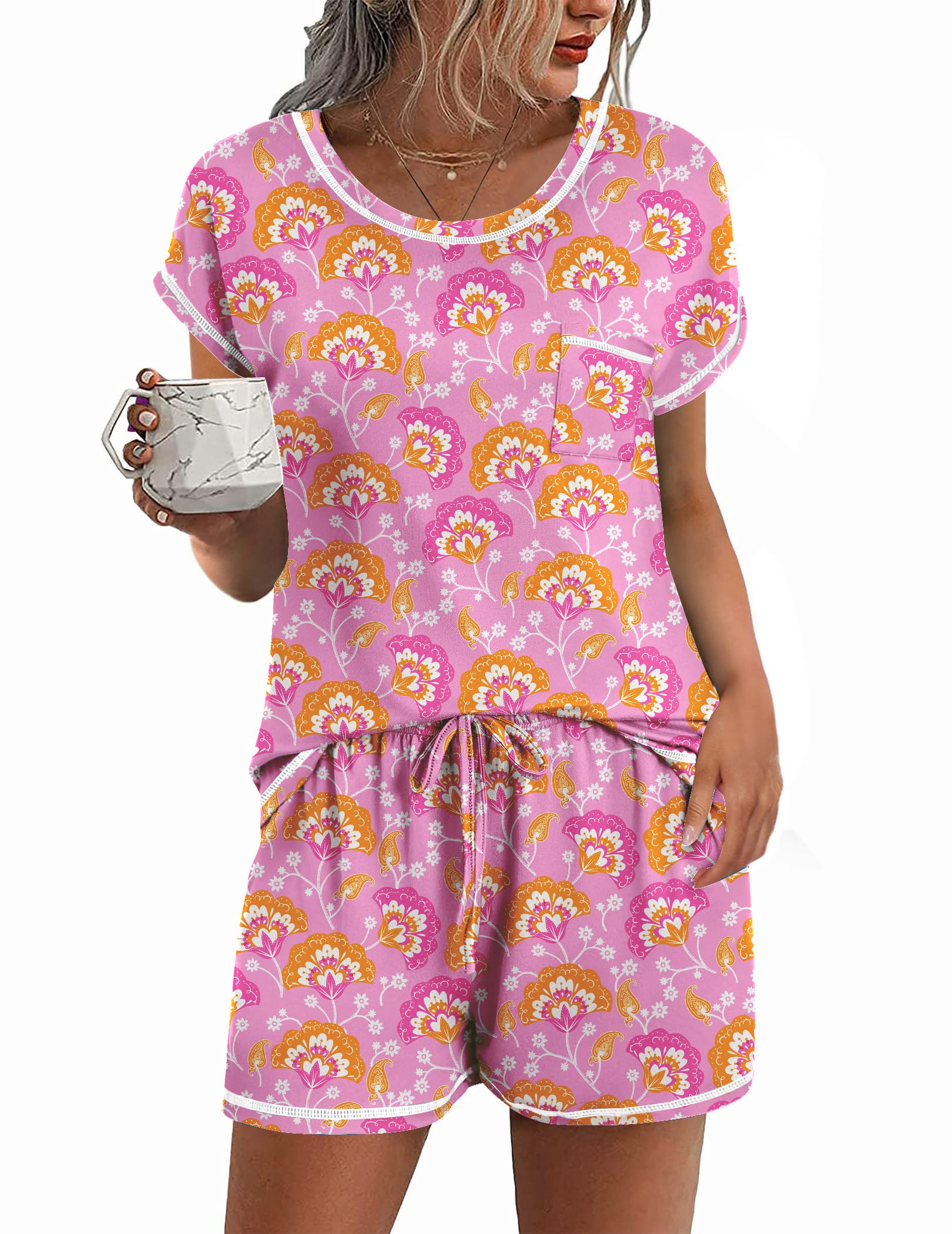 Ekouaer Womens Pajama Sets 2 Piece Soft Short Sleeve Top and Shorts Sleepwear Round Neck Pjs Lounge Set with Pockets