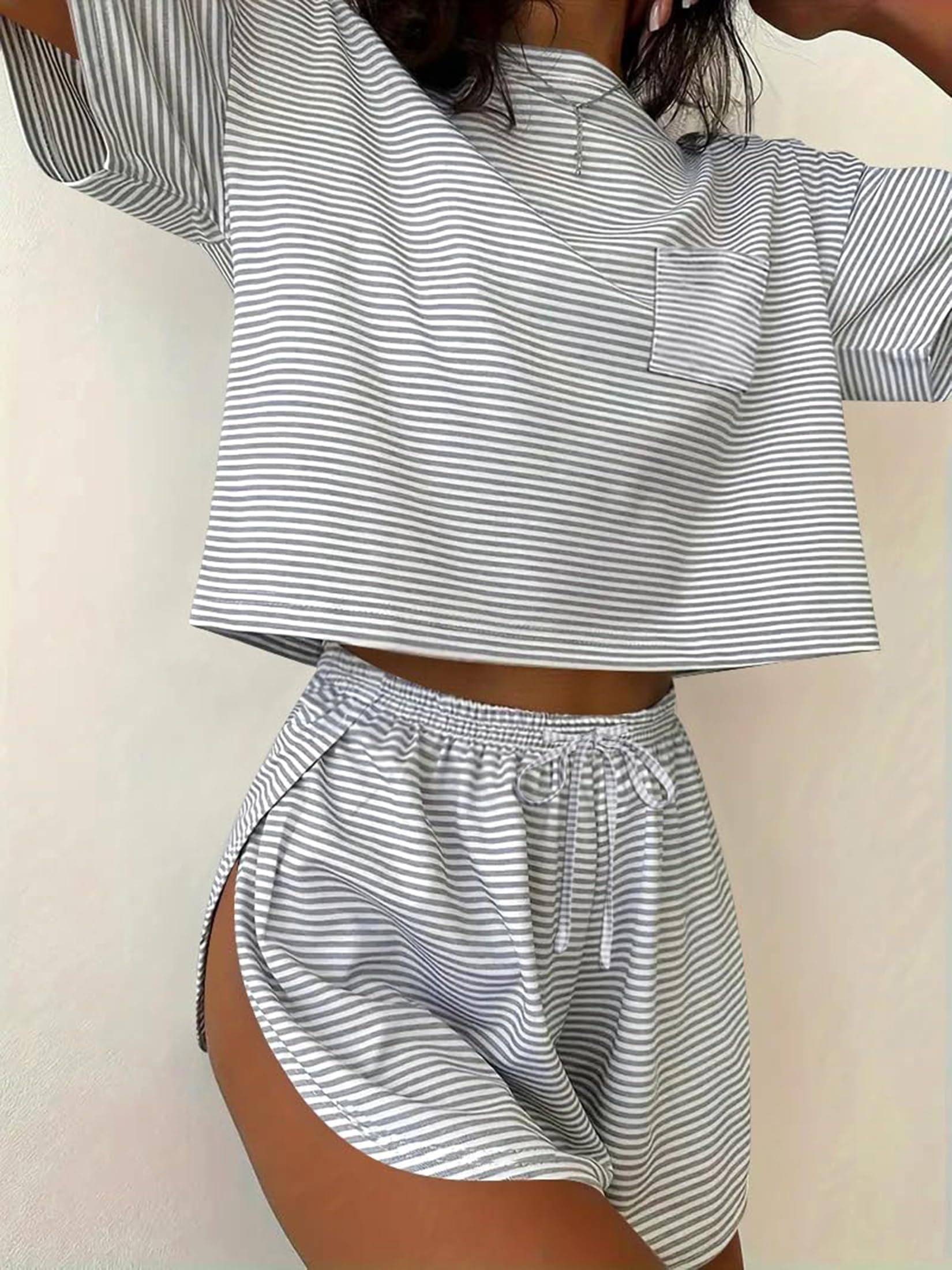 Women's 2 Piece Pajama Set Short Sleeve Sexy Side Split Short Lounge Set Cute Comfy Sleepwear Loungewear
