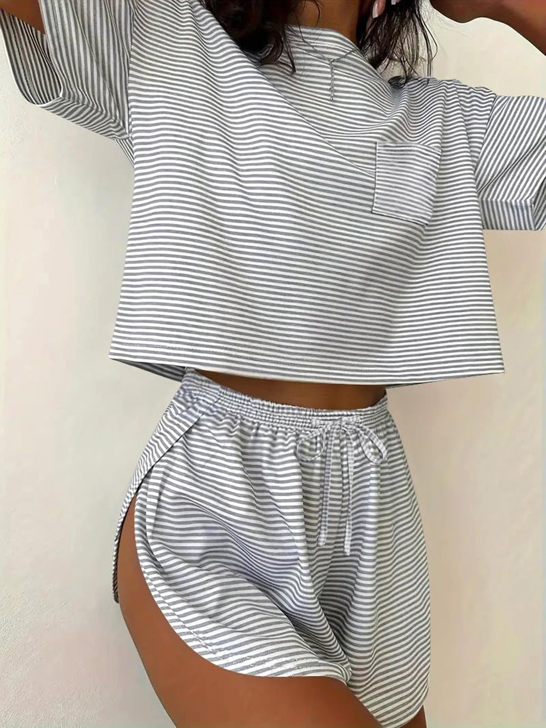 Women's 2 Piece Pajama Set Short Sleeve Sexy Side Split Short Lounge Set Cute Comfy Sleepwear Loungewear