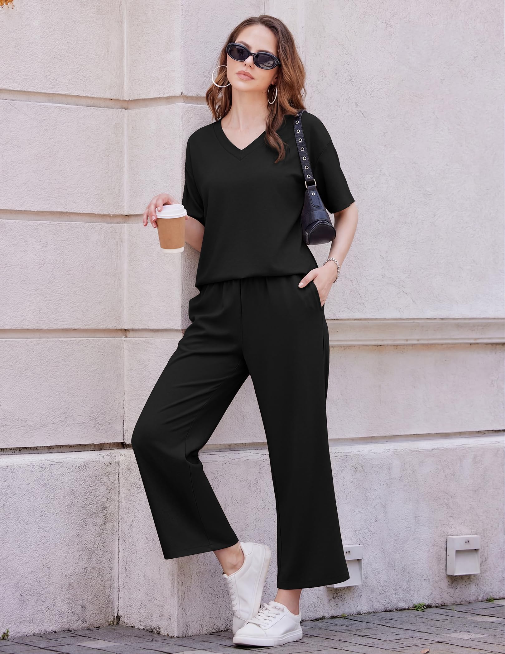 Ekouaer 2 Packs Lounge Sets for Women Short Sleeve Pajamas Set V Neck Top and Long Pants Comfy Pjs Outifts with Pockets
