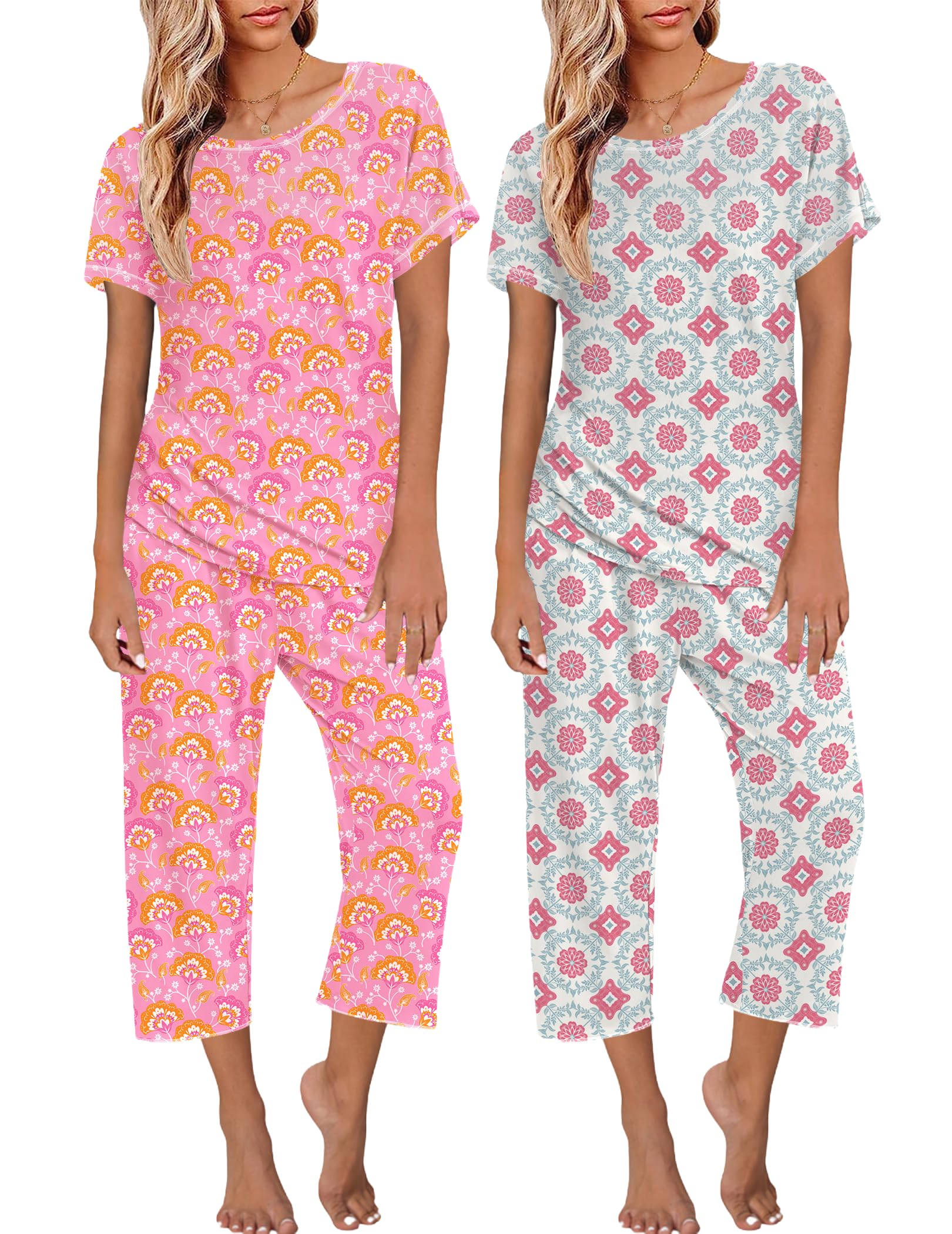 Ekouaer 2 Pack Womens Pajamas Sets Short Sleeve Tops and Capri Pants Pjs Colorful Printed Sleepwear Sets