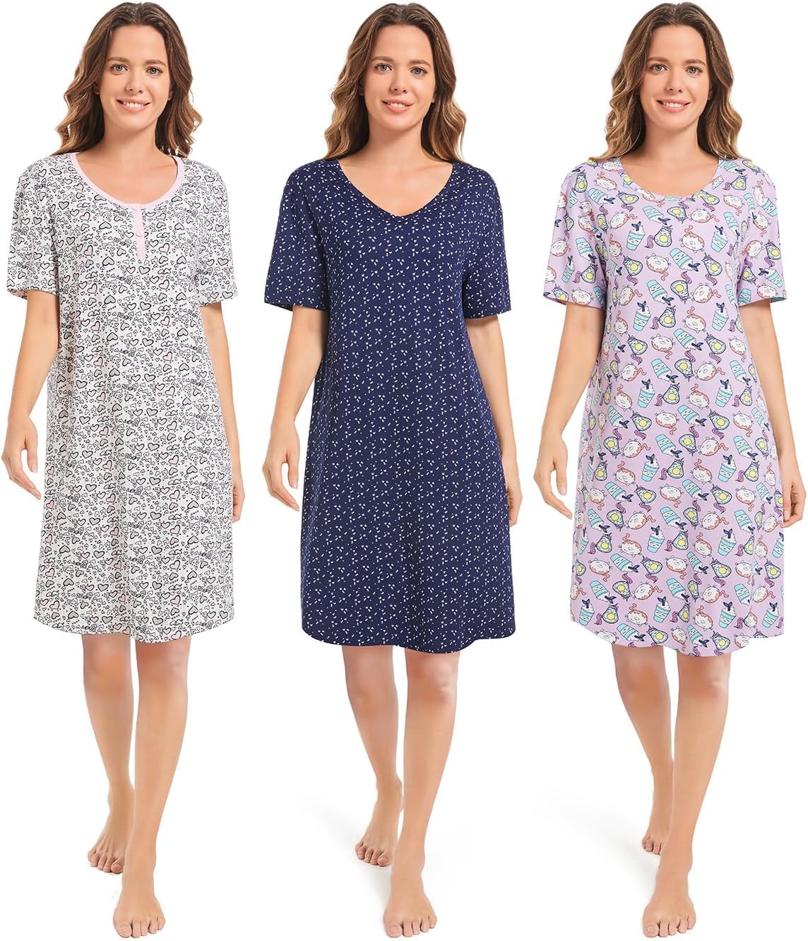 3 Pack Nightgowns for Women Short Sleeve Night Gown Soft Sleep Shirts Women's Sleepwear Print Sleep Dress WEBE CLOTHING