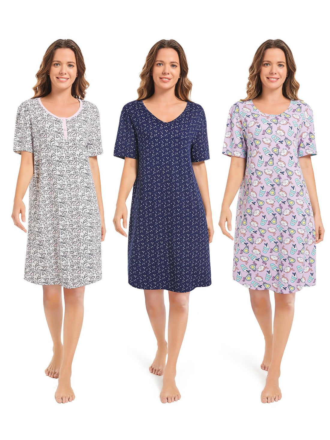 3 Pack Nightgowns for Women Short Sleeve Night Gown Soft Sleep Shirts Women's Sleepwear Print Sleep Dress WEBE CLOTHING
