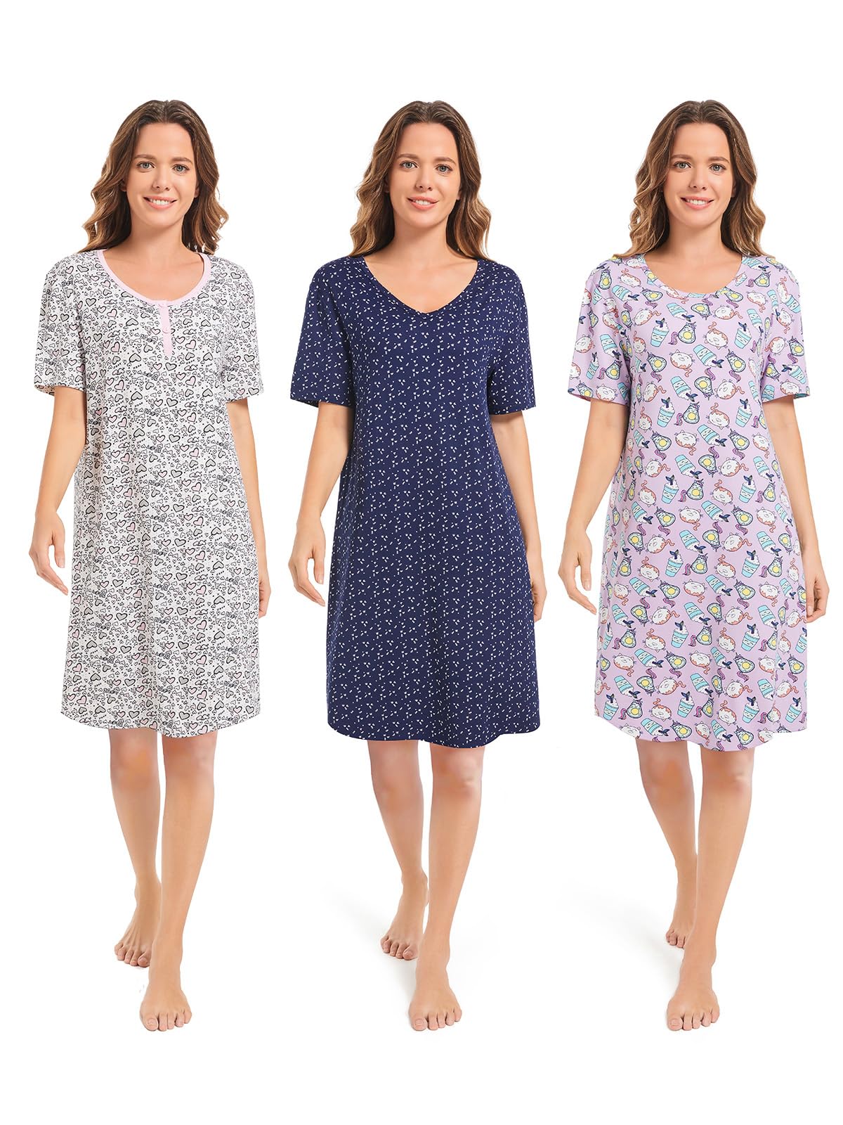 3 Pack Nightgowns for Women Short Sleeve Night Gown Soft Sleep Shirts Women's Sleepwear Print Sleep Dress WEBE CLOTHING