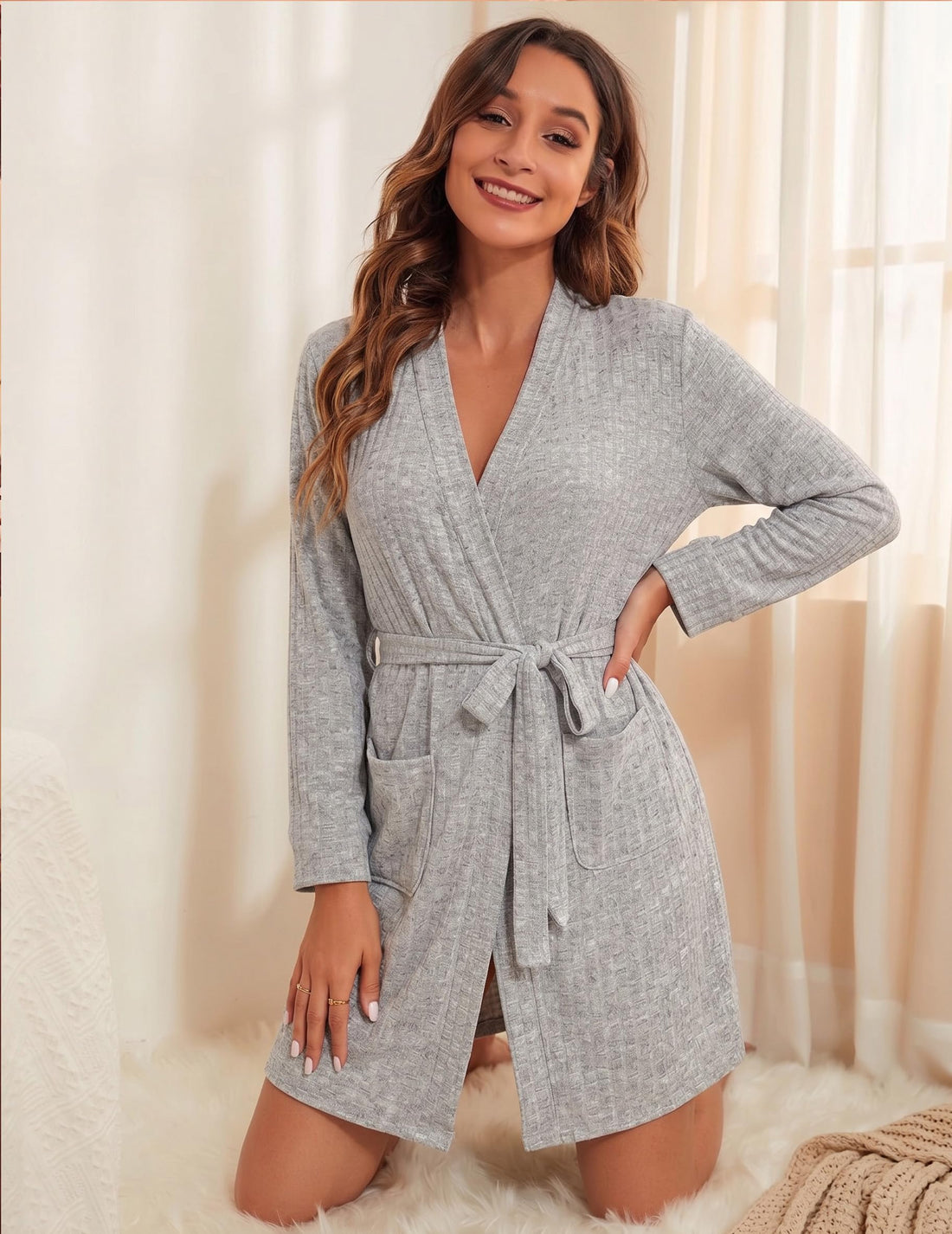 Ekouaer Women Robe Short Lightweight Bathrobe Ribbed Knit Soft Robes Long Sleeve Ladies Sleepwear with Pockets